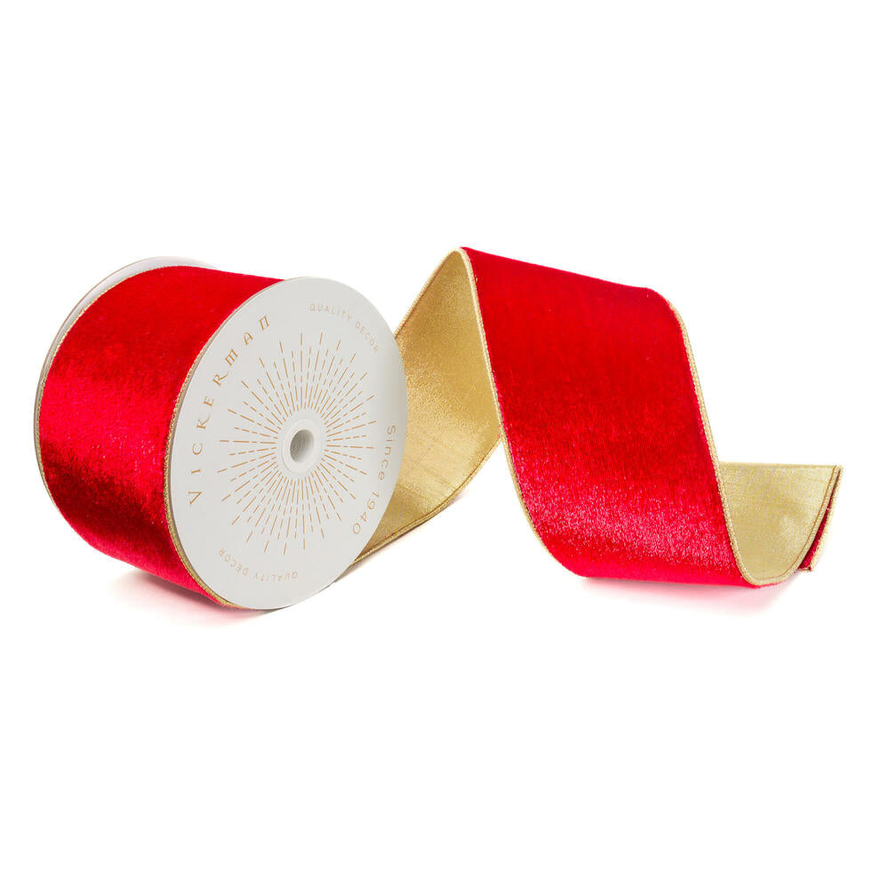 4”x10yd Red Shiny Velvet Gold Trim