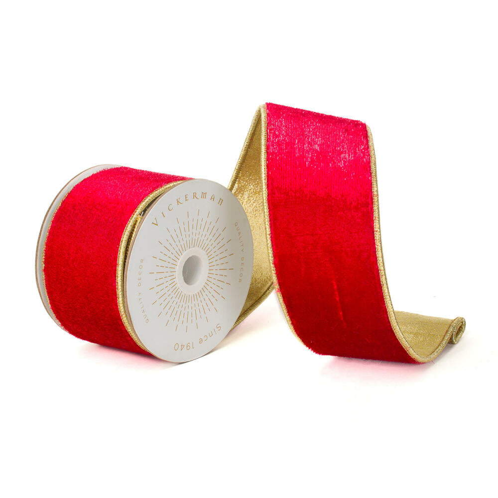 2.5”x10yd Red Shiny Velvet Gold Trim