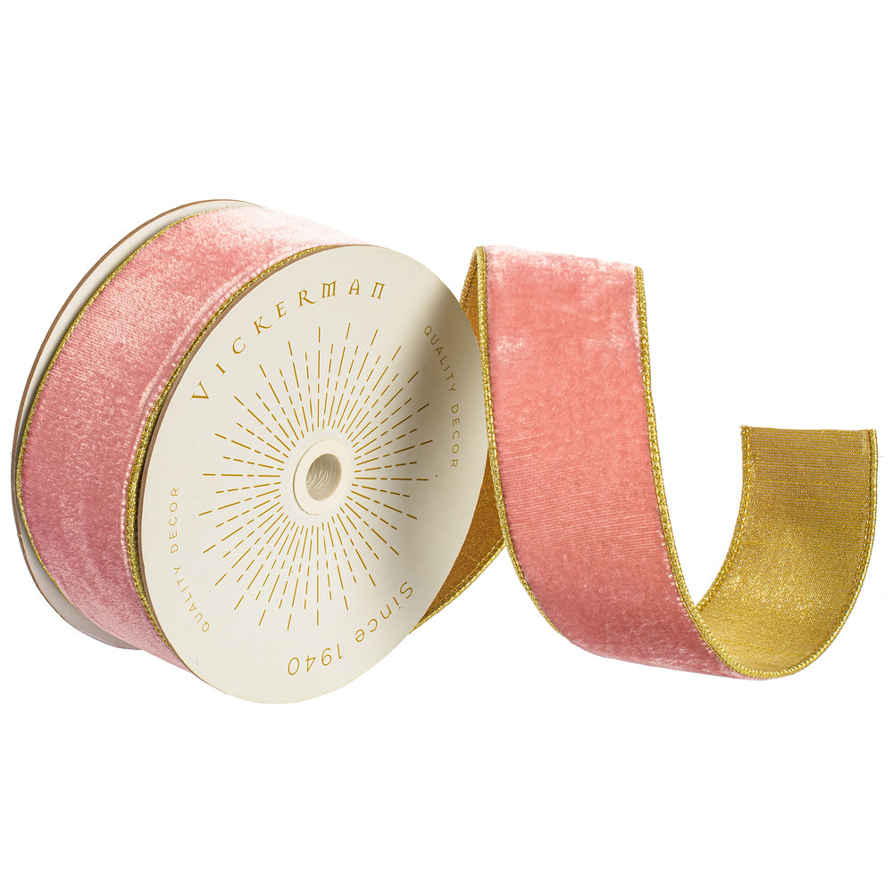 2.5”x10yd Pink Velvet Gold Trim/Backing