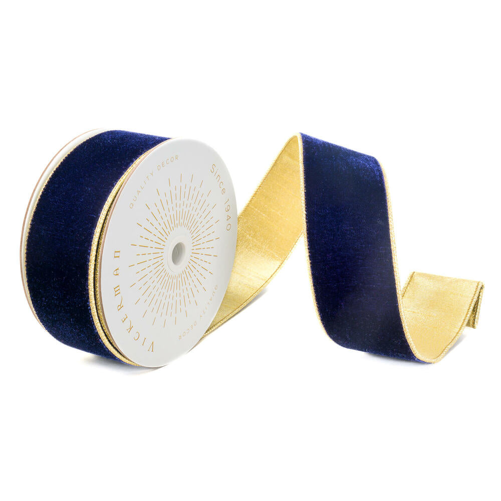 2.5”x10yd Navy Blue Velvet Gold Trim