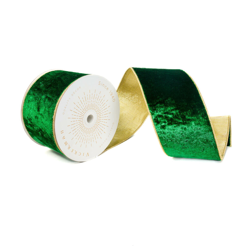 4”x10yd Emerald Shiny Velvet Gold Trim