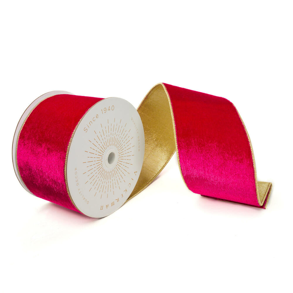 4”x10yd Hot Pink Shiny Velvet Gold Trim