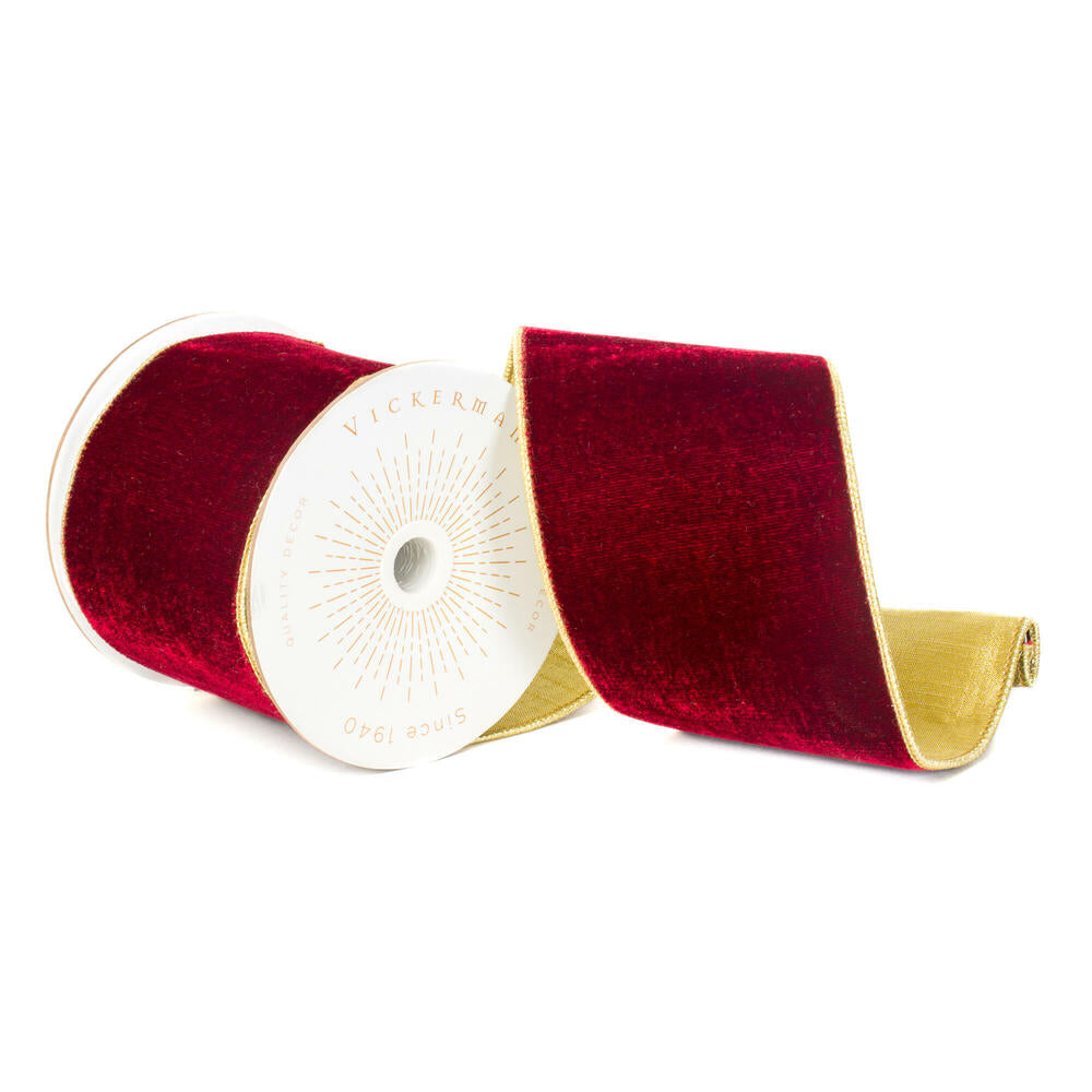 4”x10yd Burgundy Velvet Gold Trim/Back