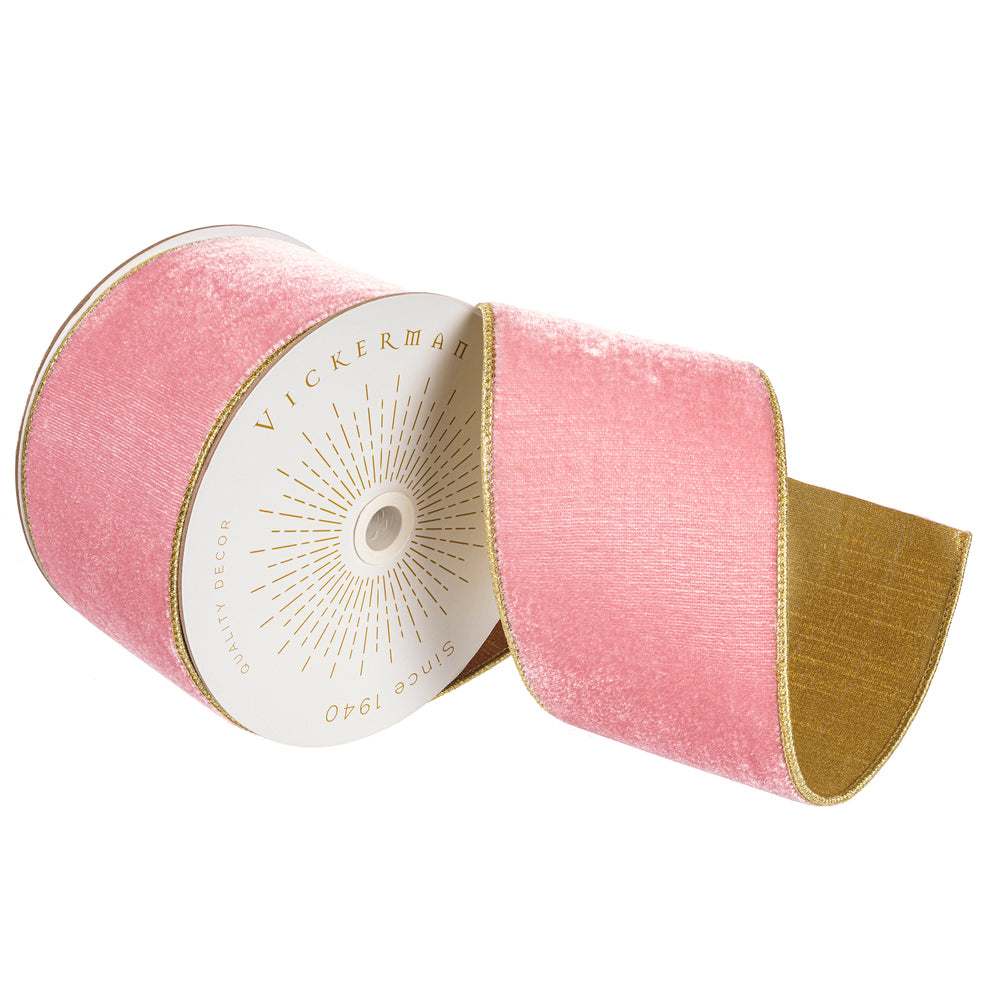 4”x10yd Pink Velvet Gold Trim/Backing
