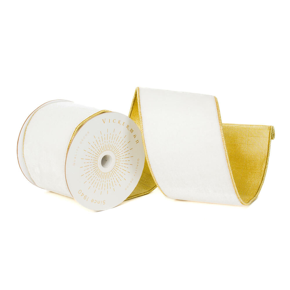 4”x10yd Ivory Shiny Velvet Gold Trim