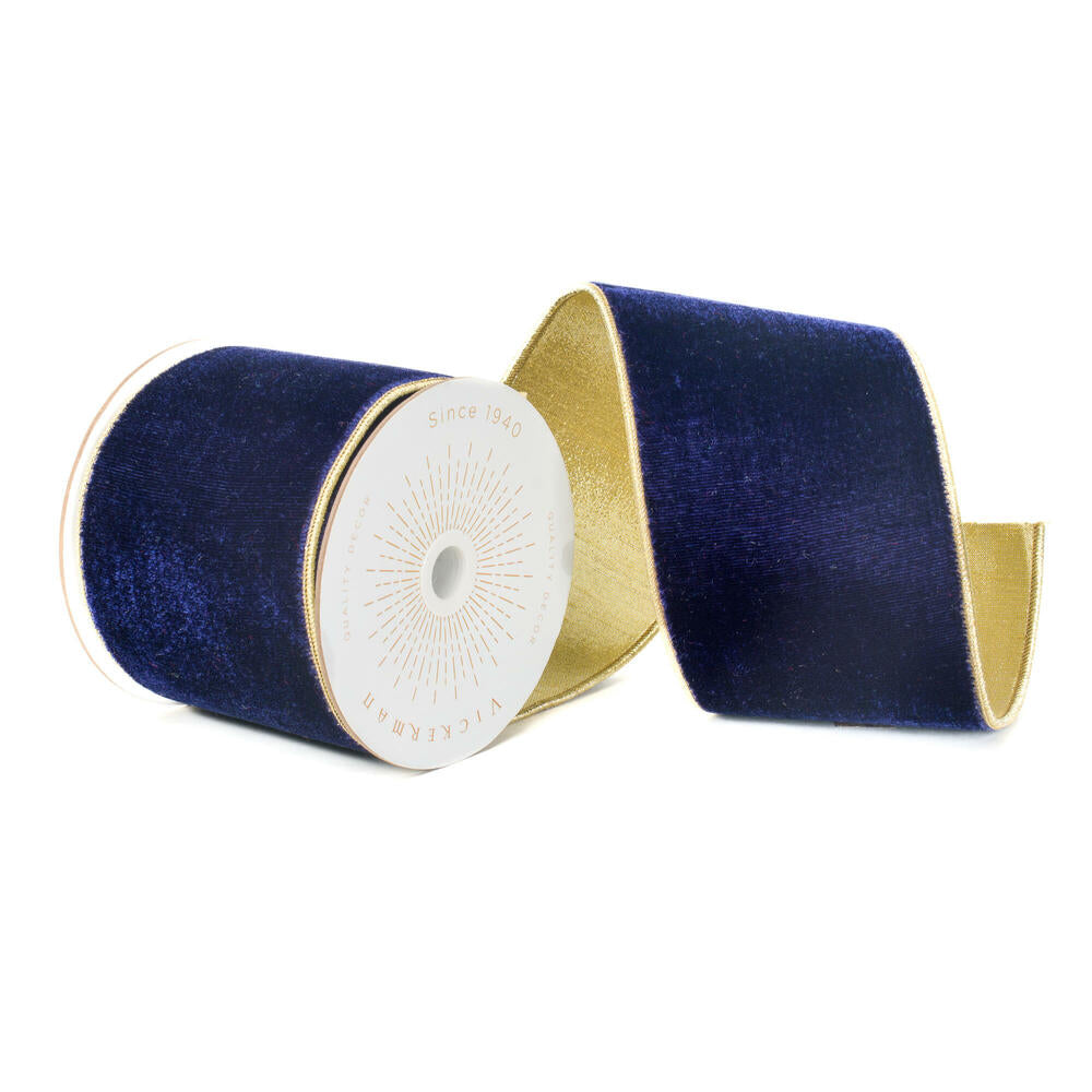 4”x10yd Navy Blue Velvet Gold Trim/Back