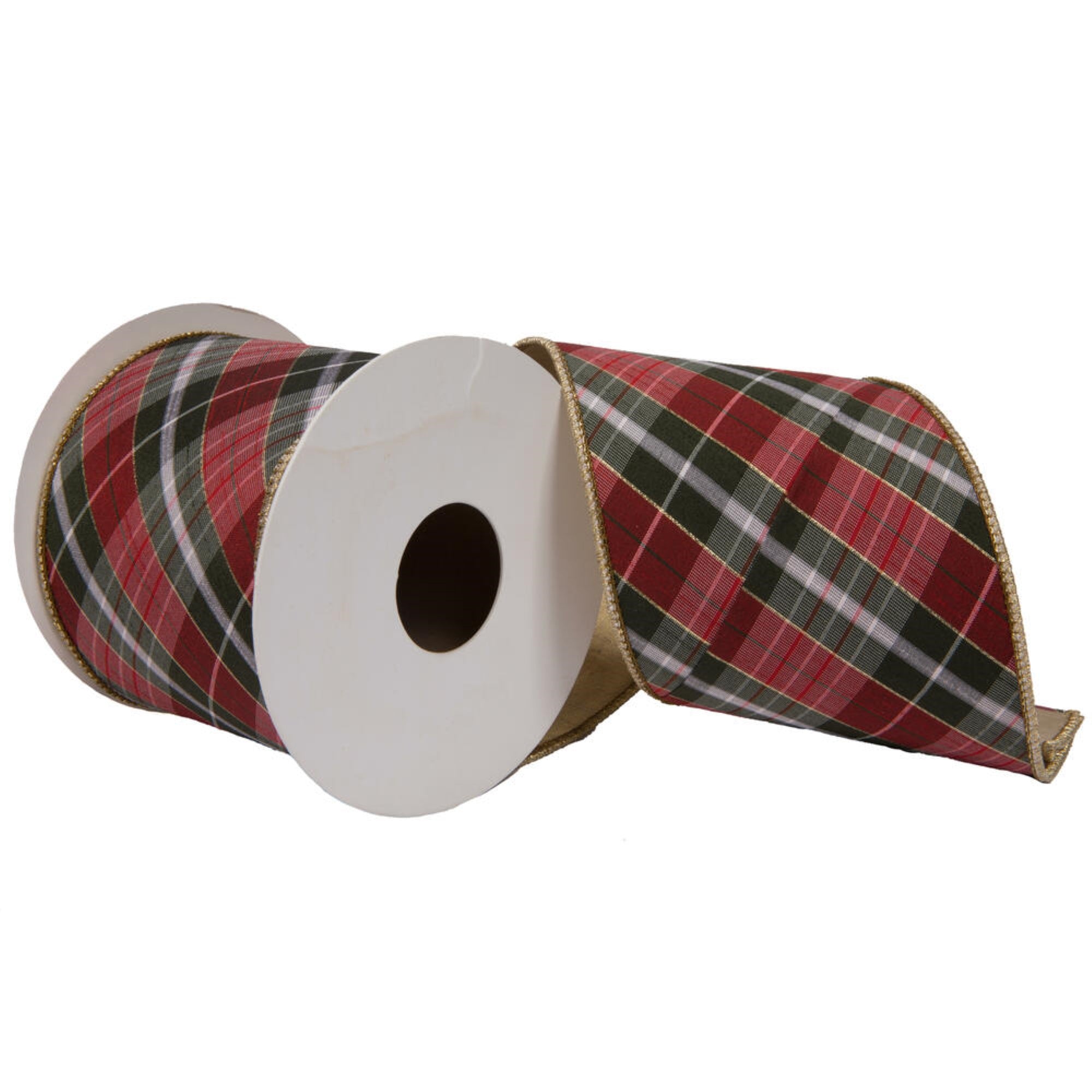 Vickerman 4” x 5 Yards Gray Bias Perth Plaid Gold Fused Ribbon.
