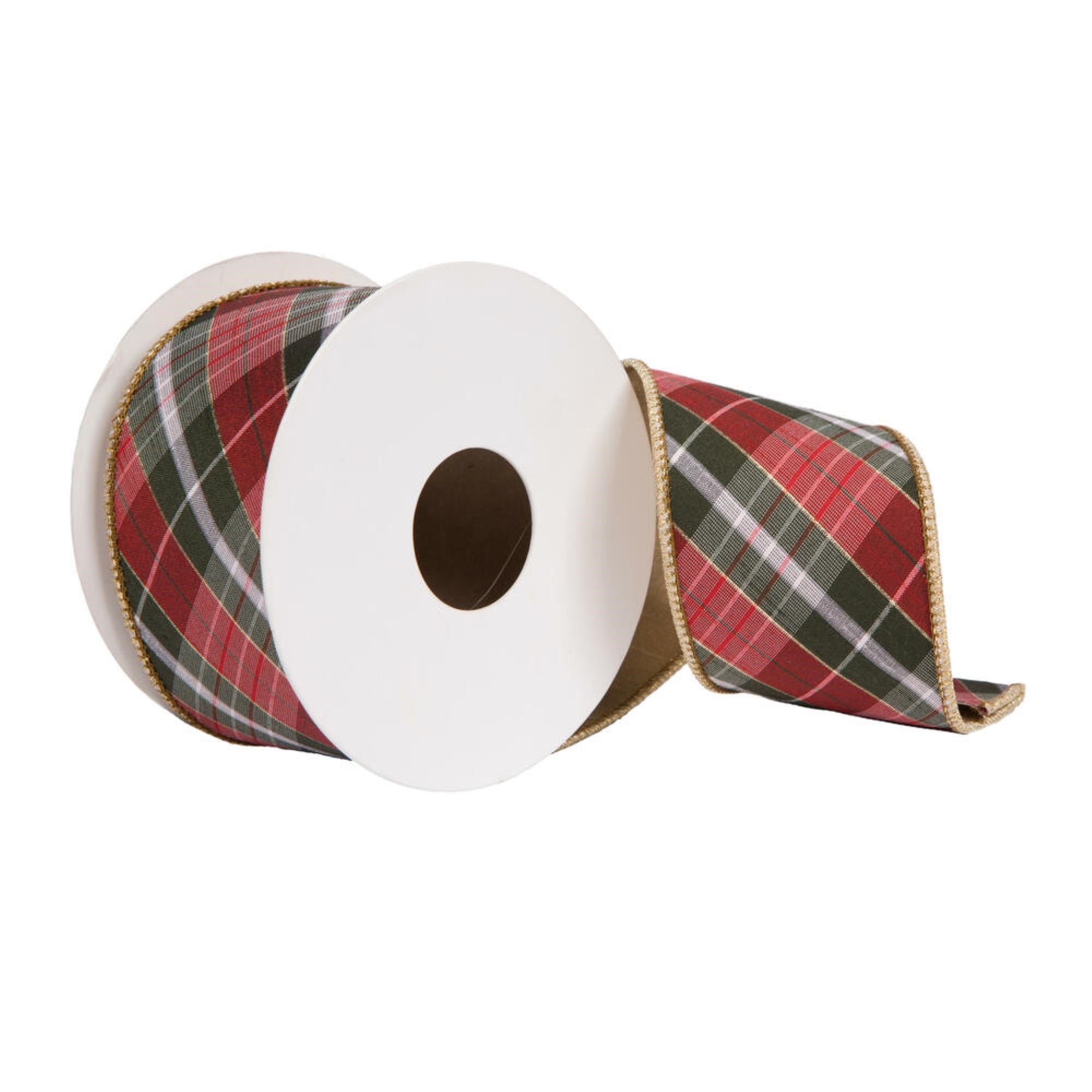 Vickerman 2.5” x 5 Yards Gray Bias Perth Plaid Gold Fused Ribbon.