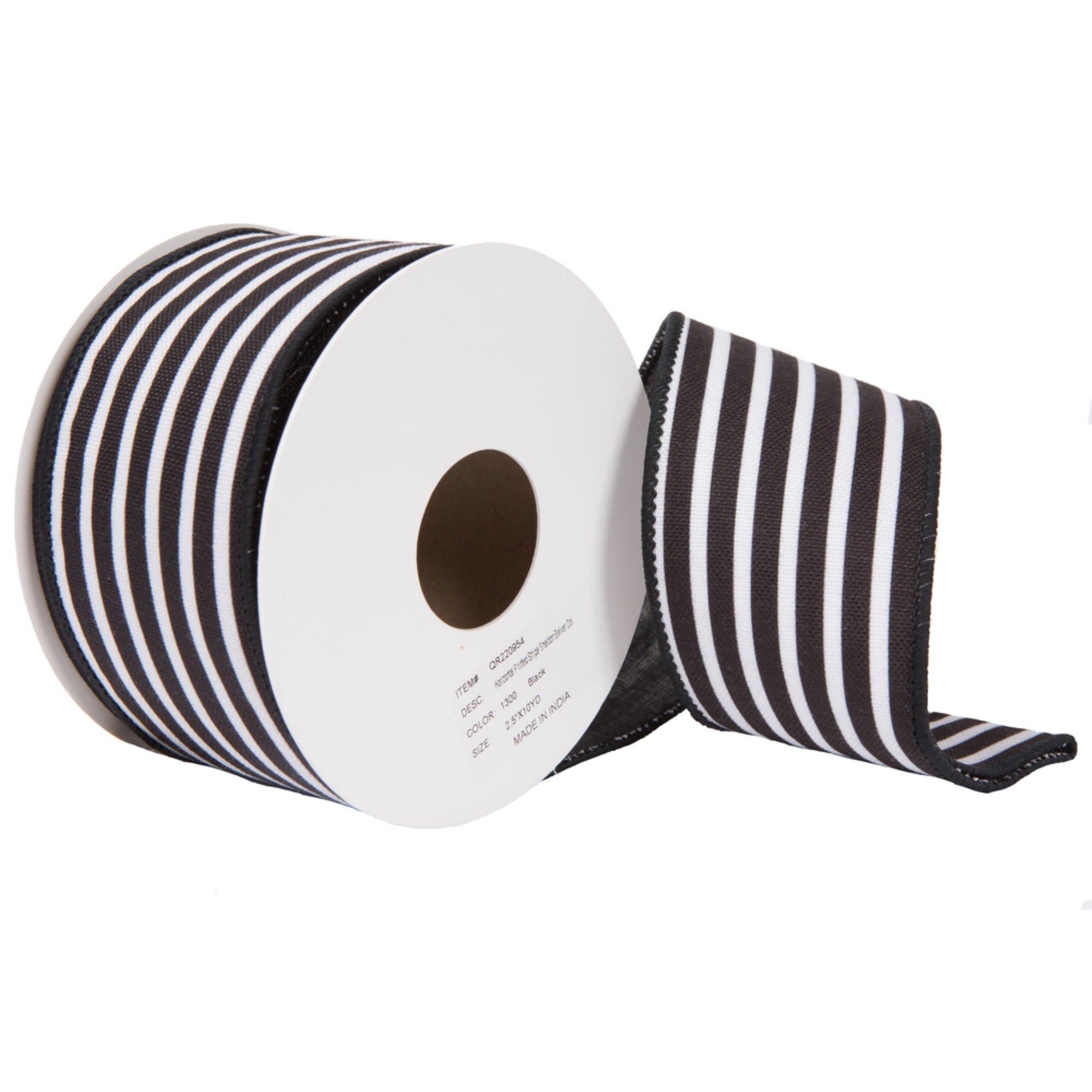 Vickerman 2.5” x 10 Yards Black Horizontal Printed Stripe Sheldon Belver Double Ribbon.