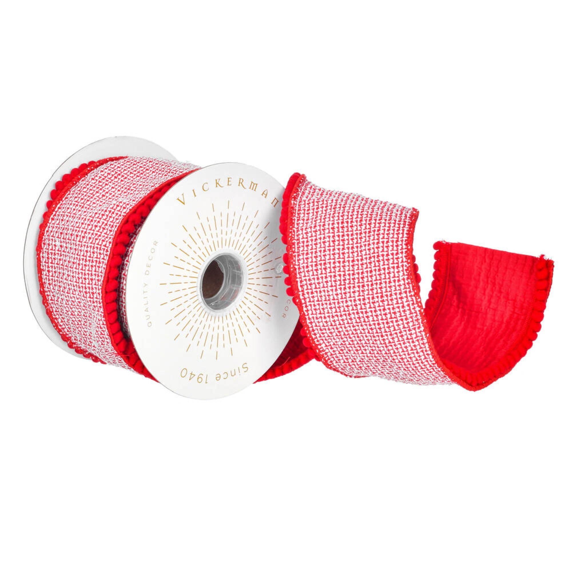 Vickerman 4” x 5 Yards Red Houndstooth Jacq Pom Pom Trim Fused Ribbon.