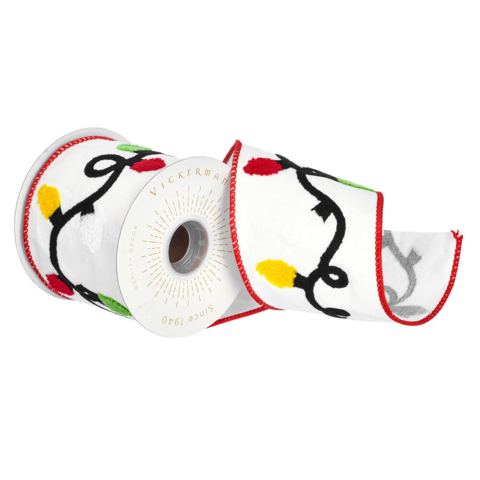Vickerman 4” x 5 Yards White Tri Colour Embr Branch Living Fused Ribbon.