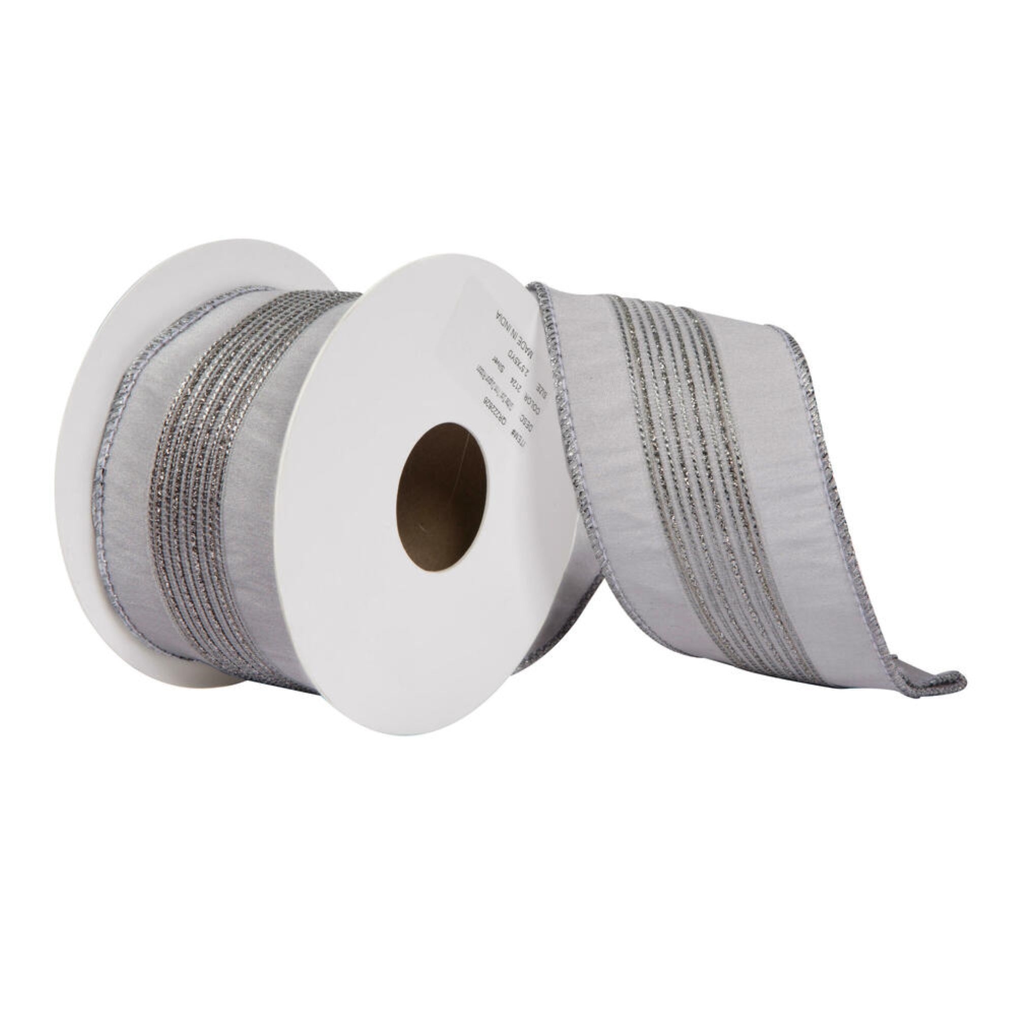 Vickerman 2.5” x 5 Yards Silver Glitter Dori Trim Dupion Ribbon.