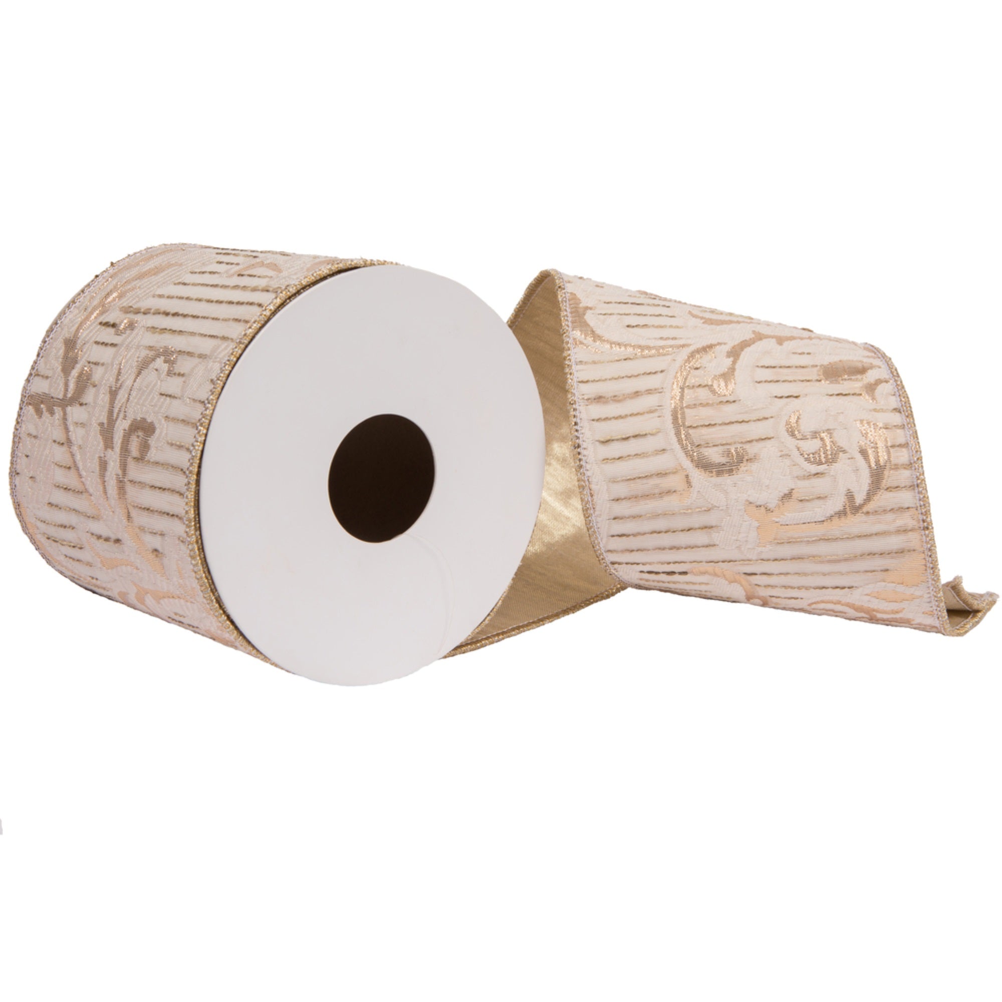 Vickerman 4” x 10 Yards Ivory Mgan  Gold Double Fused Back Ribbon