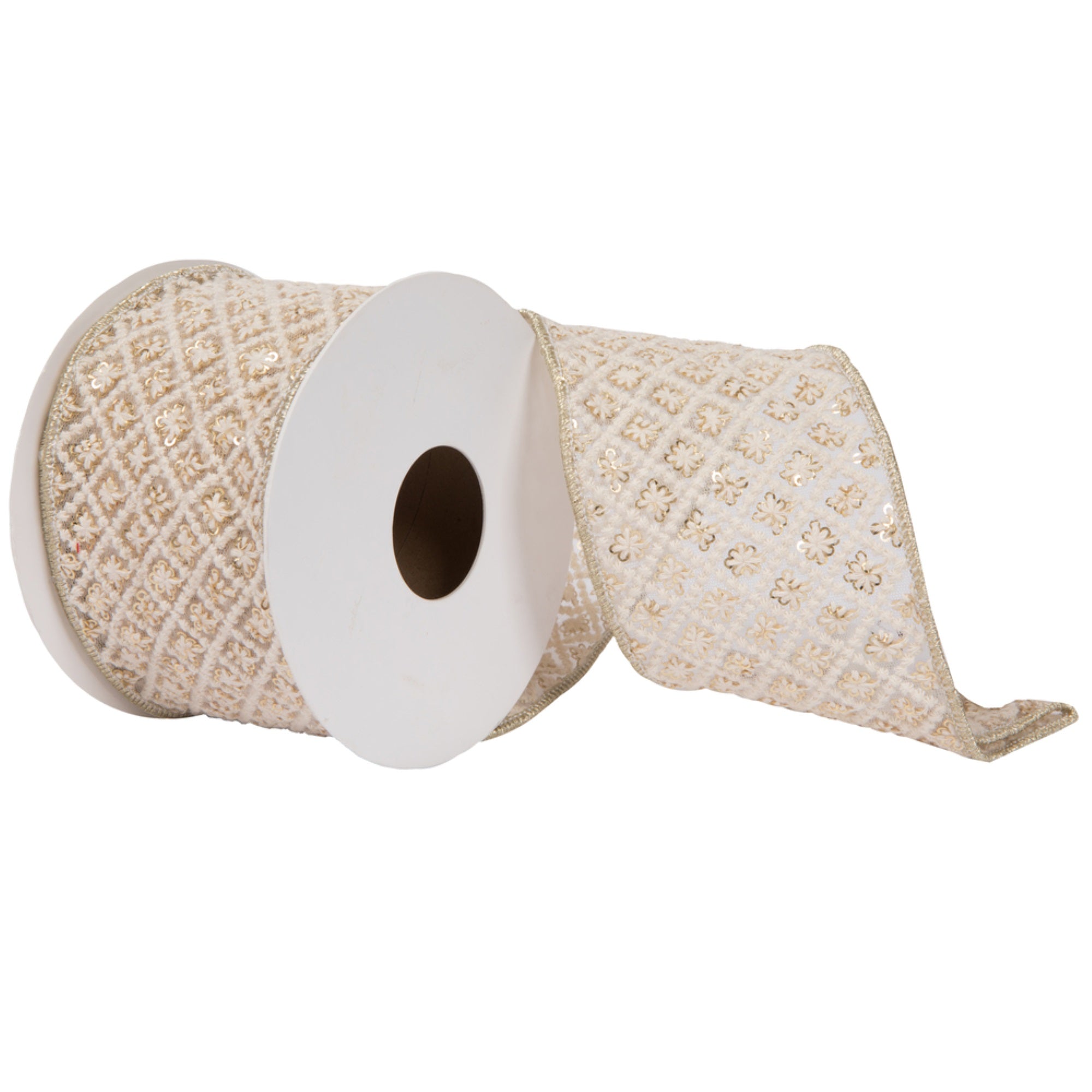 Vickerman 4” x 5 Yards Ivory Ivory Square Trim Ribbon.
