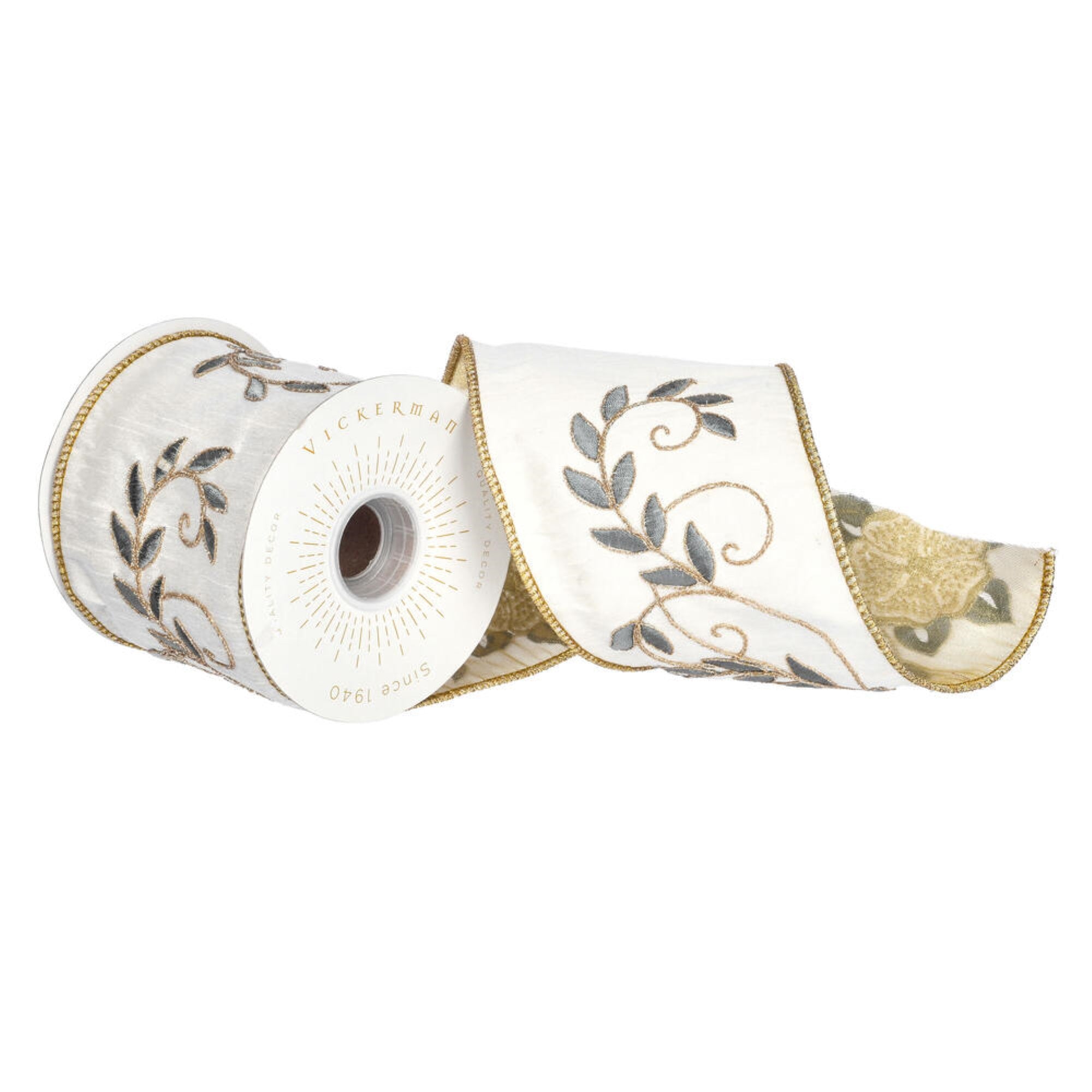 Vickerman 4” x 5 Yards Ivory Cord with Sequin Embroidered Dupion Ribbon