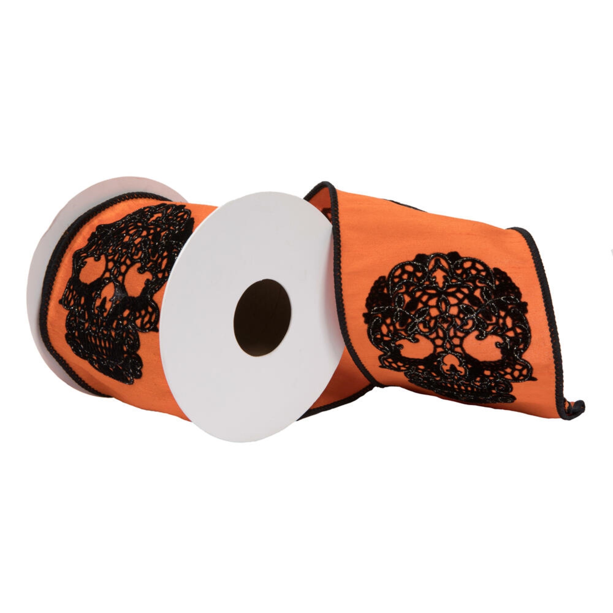 Vickerman 4” x 5 Yards Orange Lace Skull Flocked-Glitter Dupion Ribbon.
