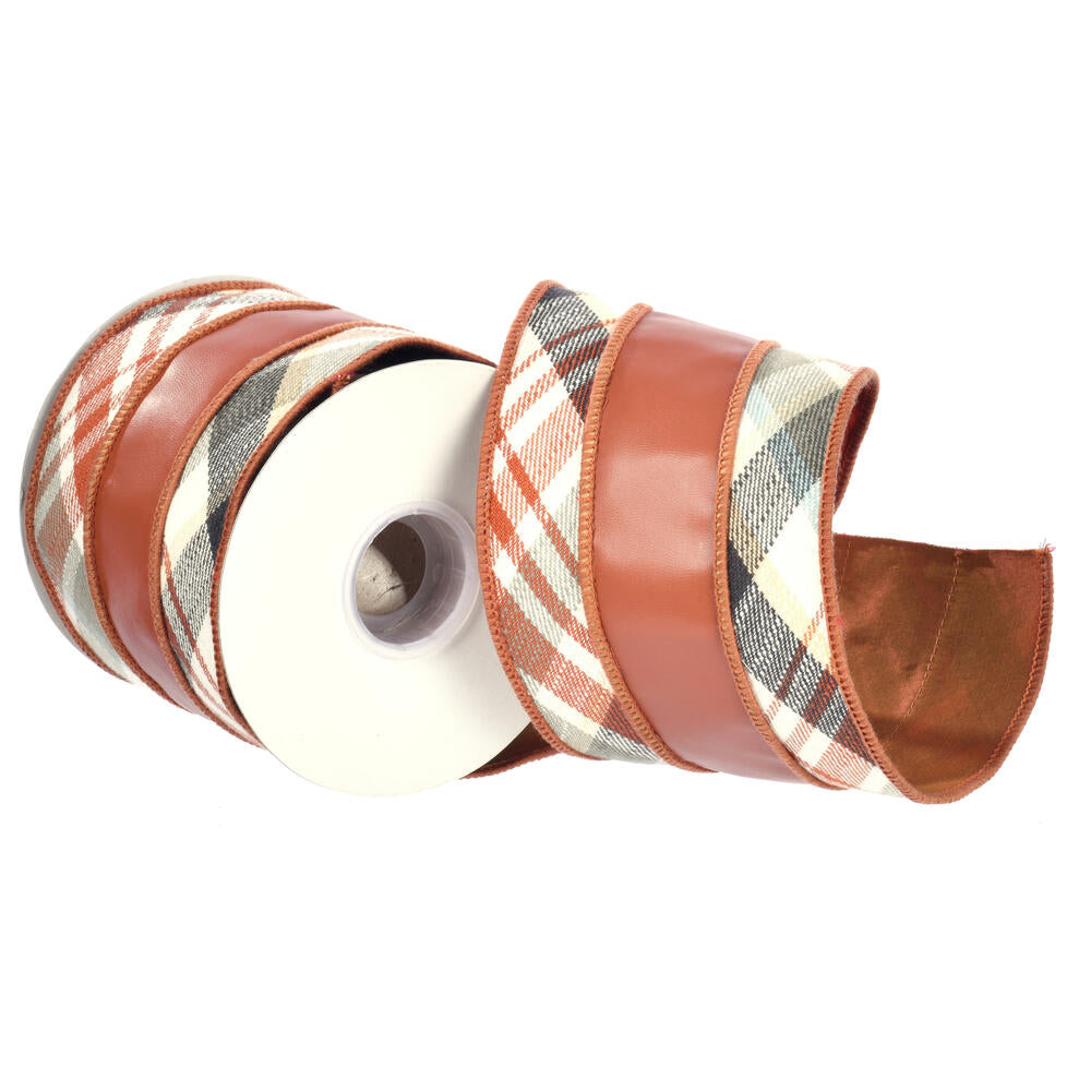 4”x5Y Brown Check/Pleather Overlay Ribbn