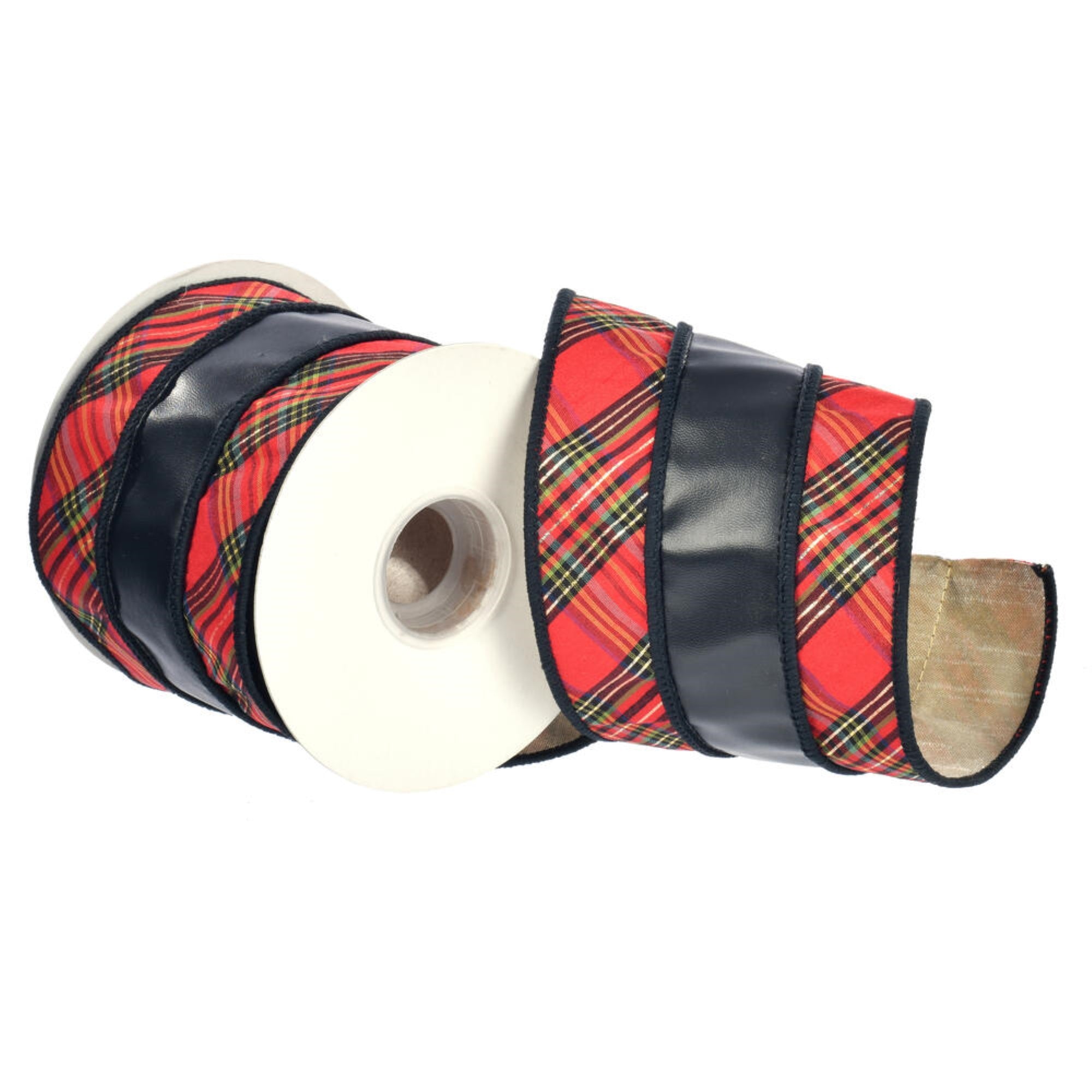 Vickerman 4” Burgundy Leather Overlay/Bias Cut Plaid Gold Metallic Dupioni Double Fused Back Ribbon