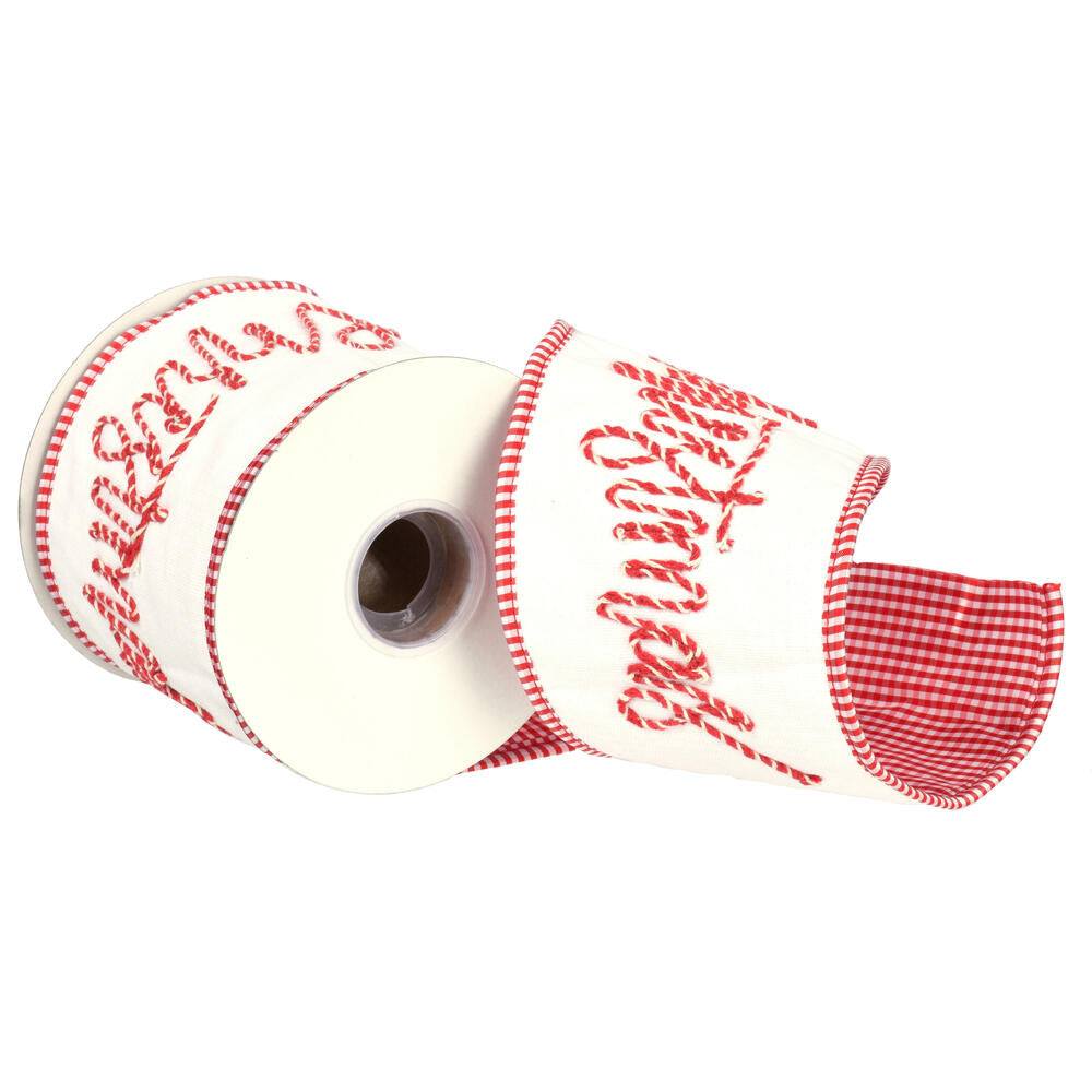 4”x5Y White Embroidered Merry Xmas Ribbn