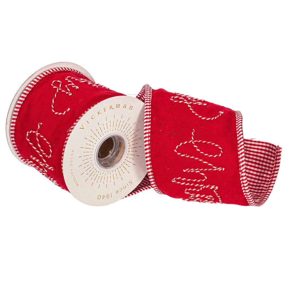 4”x5Y Red Embroidered Merry Xmas Ribbn