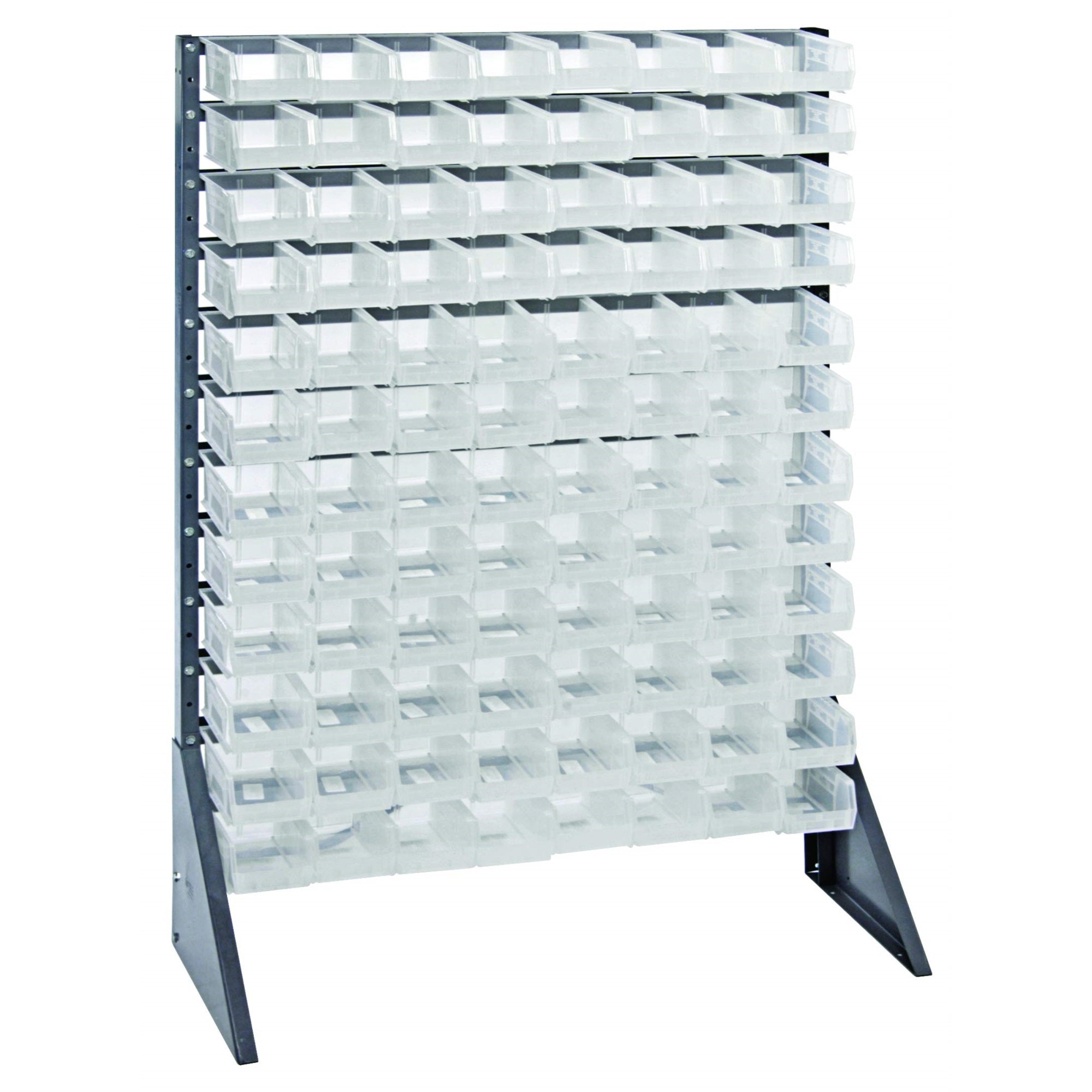 Rail Rack, Single Sided, 36L X 15W X 53H, 600 Lbs Load Capacity, Includes: (12) Rails And (96) Qus220 Clear Bins, Galvanized Ste
