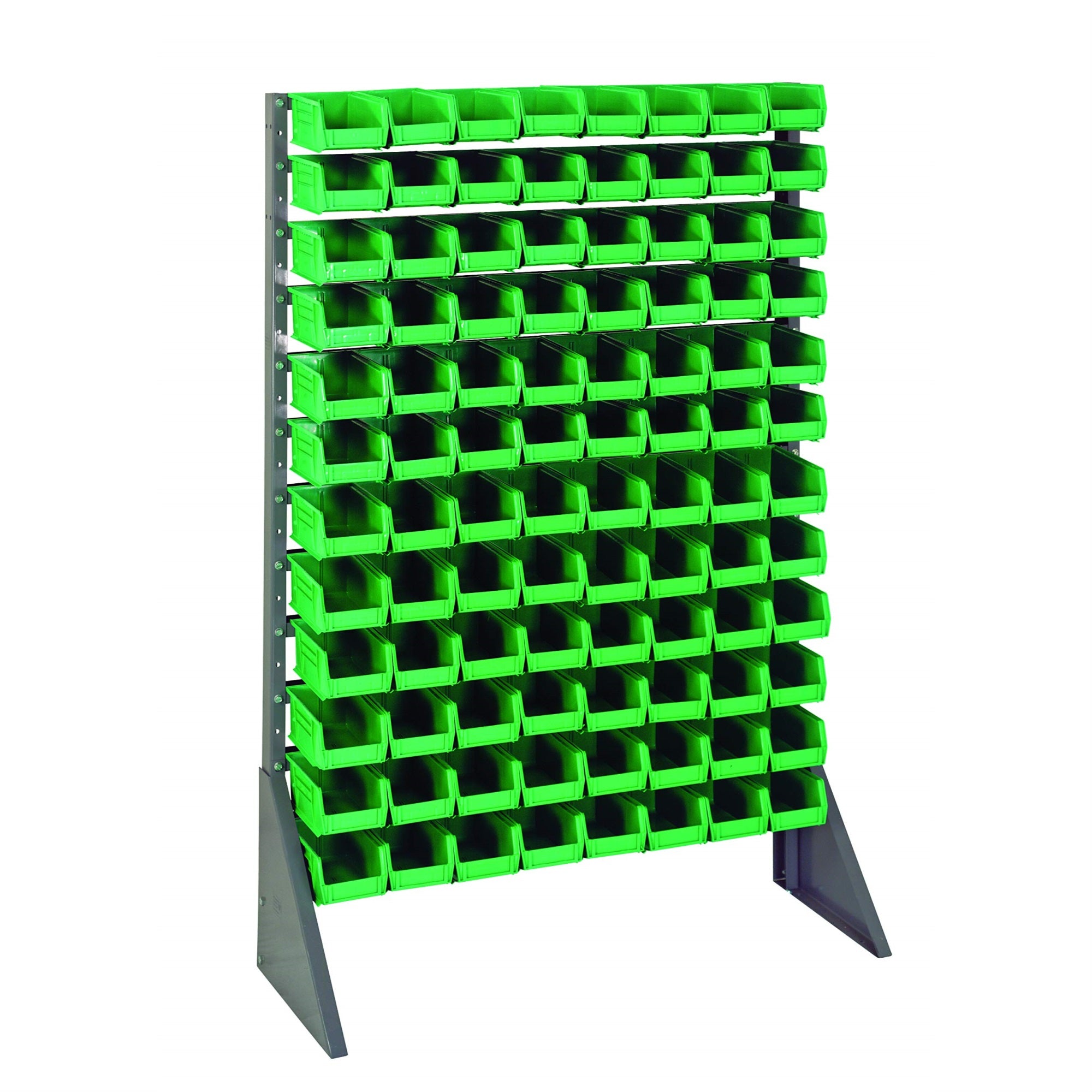 Rail Rack, Single Sided, 36L X 15W X 53H, 600 Lbs Load Capacity, Includes: (12) Rails And (96) Qus220 Green Bins, Galvanized Ste