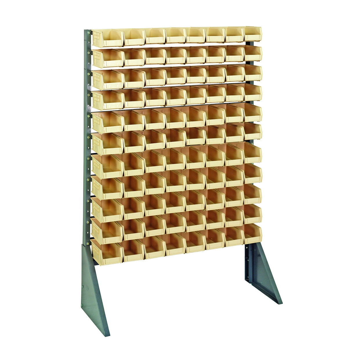 Rail Rack, Single Sided, 36L X 15W X 53H, 600 Lbs Load Capacity, Includes: (12) Rails And (96) Qus220 Ivory Bins, Galvanized Ste