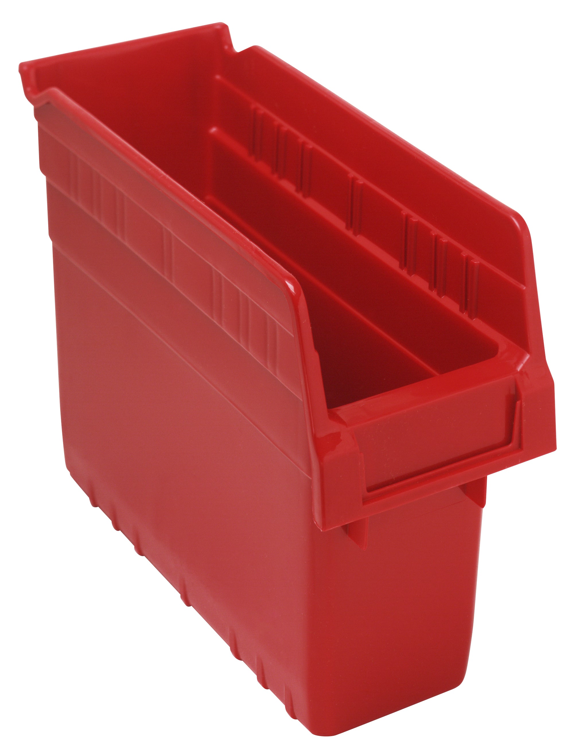 Economy Shelf Bin, nesting, 4-1/8"W x 11-5/8"L x 4"H, (7) divider slots, rear hanglock, molded-in label holder, red polyropylene, Made in USA, case of 36