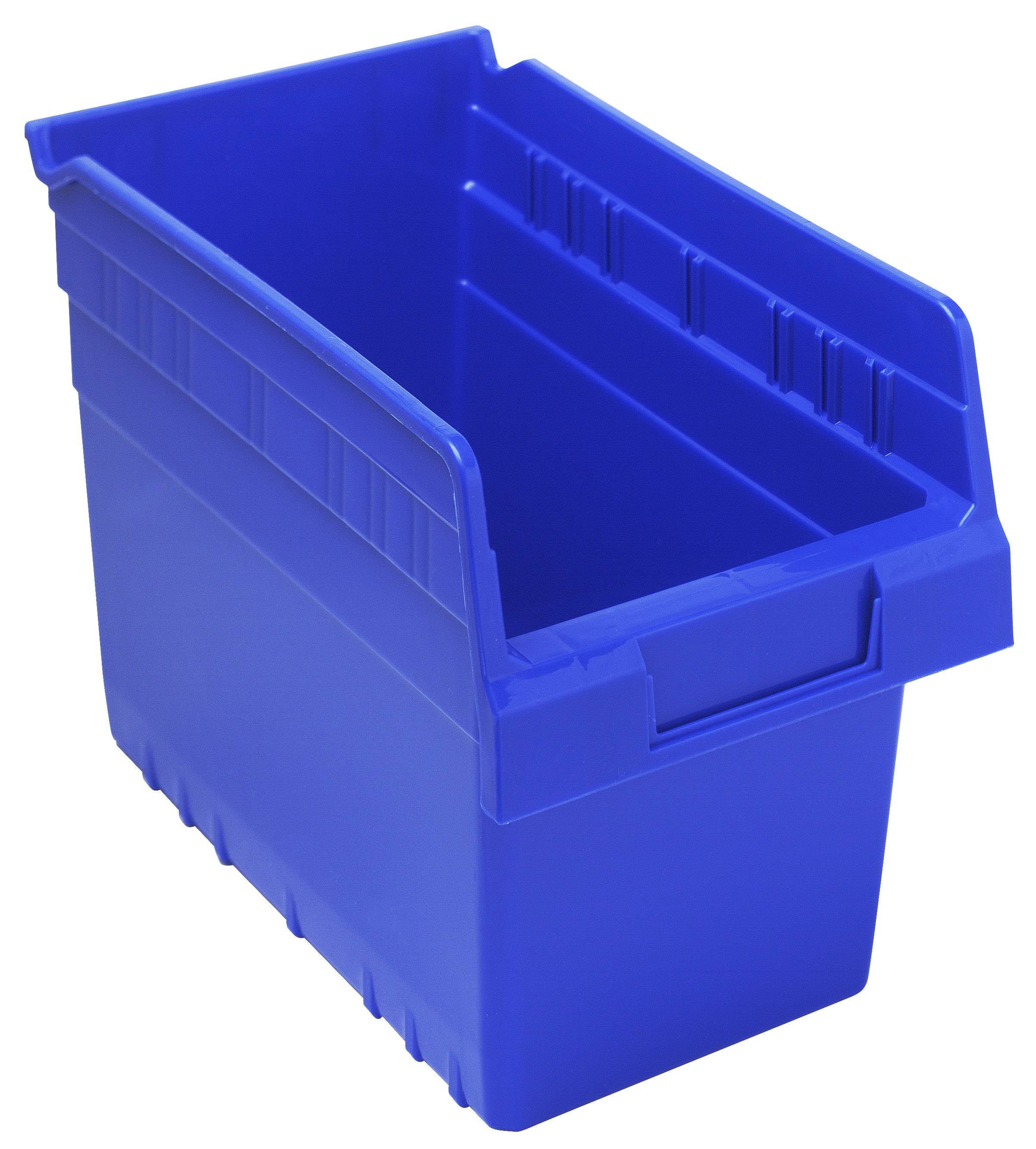 Economy Shelf Bin, nesting, 6-5/8"W x 11-5/8"L x 4"H, (7) divider slots, rear hanglock, molded-in label holder, blue polyropylene, Made in USA, case of 30