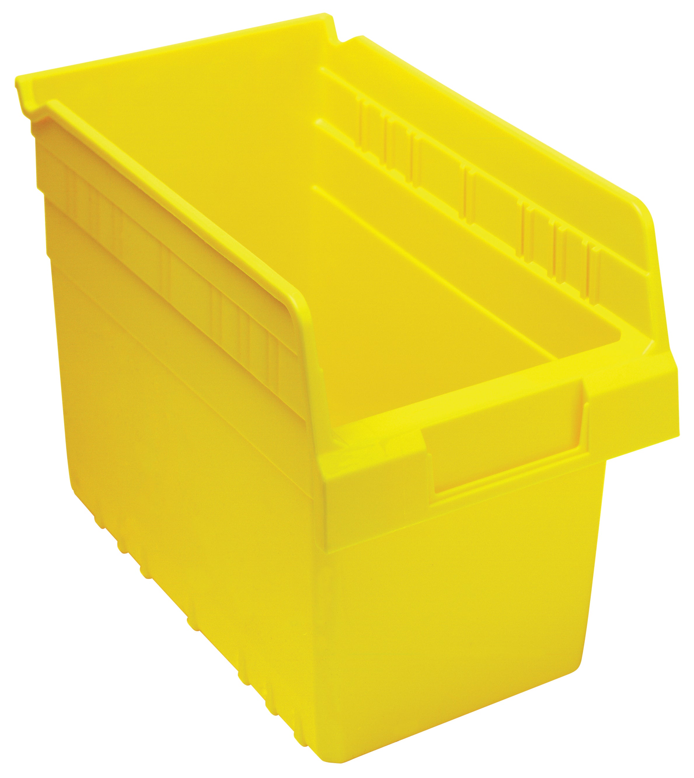 Economy Shelf Bin, nesting, 6-5/8"W x 11-5/8"L x 4"H, (7) divider slots, rear hanglock, molded-in label holder, yellow polyropylene, Made in USA, case of 30
