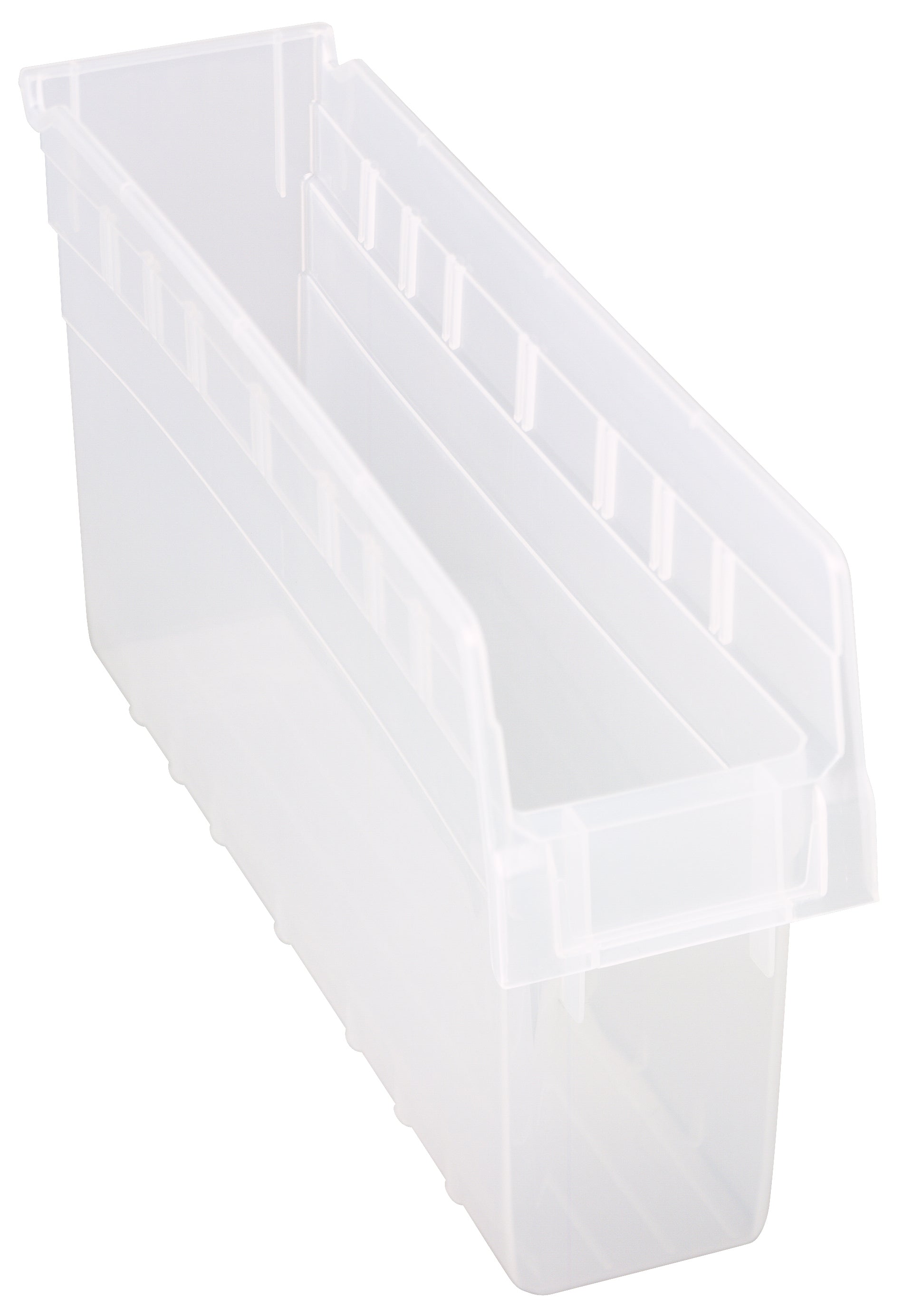 Economy Shelf Bin, nesting, 4-1/8"W x 17-7/8"L x 4"H, (7) divider slots, rear hanglock, molded-in label holder, clear polyropylene, Made in USA, case of 20