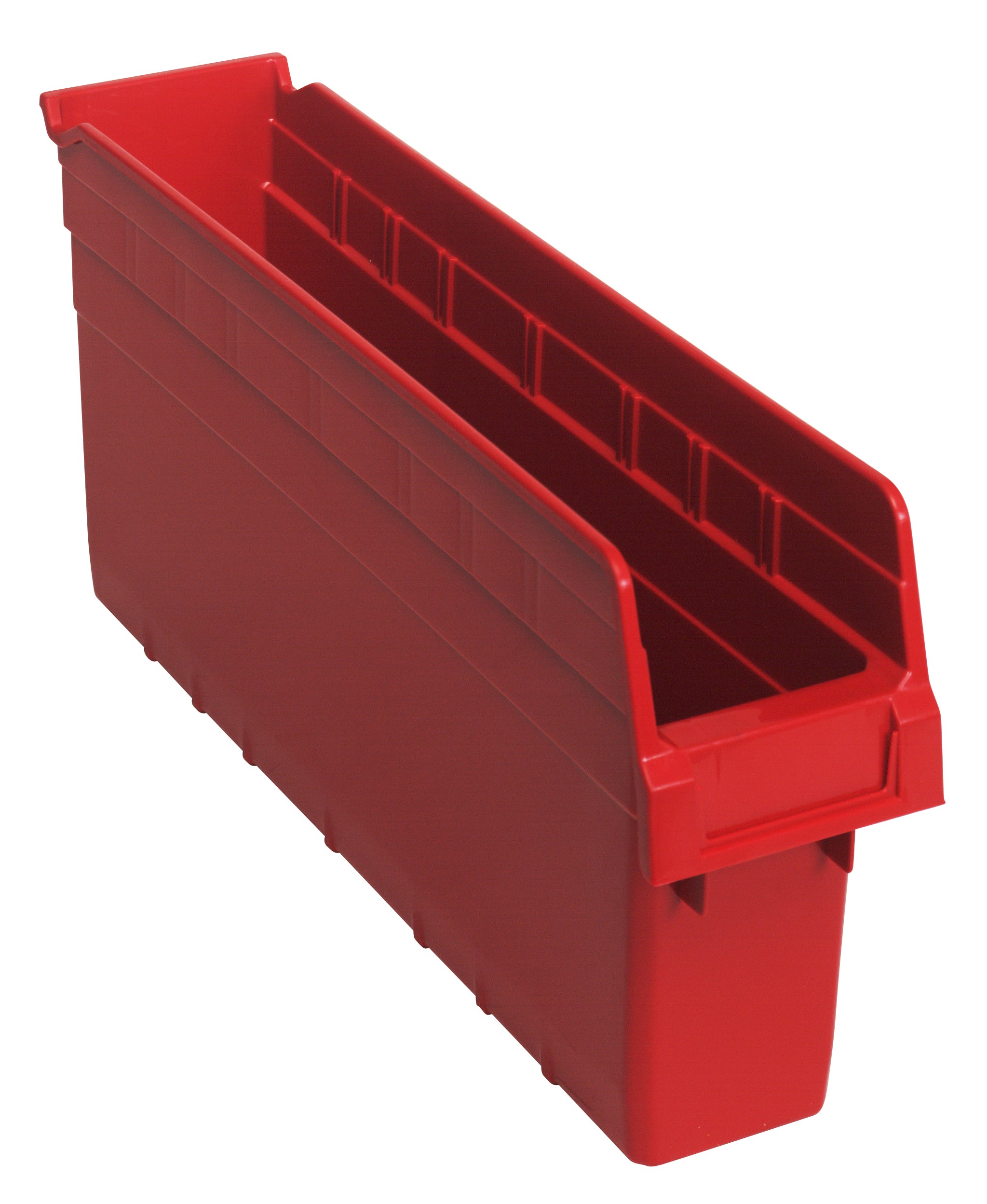 Economy Shelf Bin, nesting, 4-1/8"W x 17-7/8"L x 4"H, (7) divider slots, rear hanglock, molded-in label holder, red polyropylene, Made in USA, case of 20