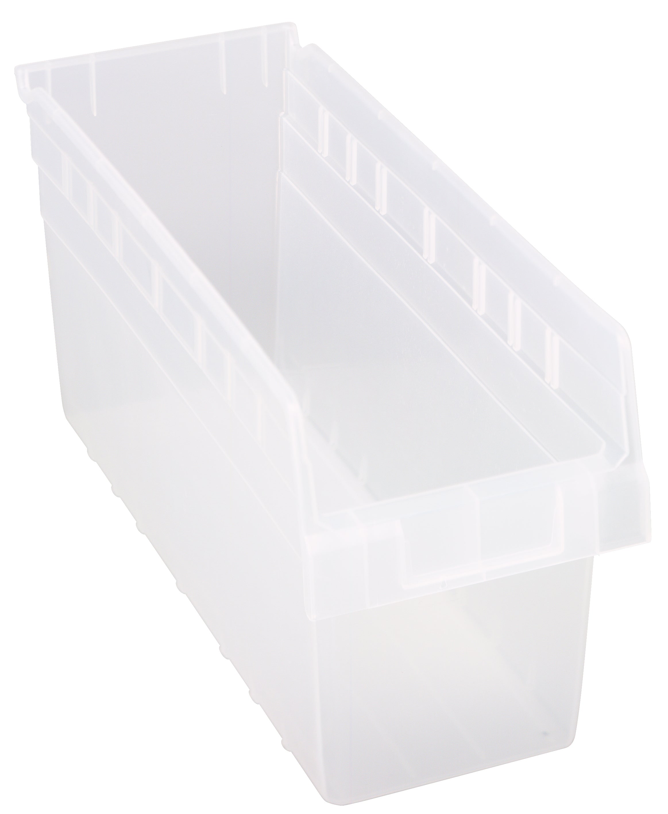 Economy Shelf Bin, nesting, 6-5/8"W x 17-7/8"L x 4"H, (7) divider slots, rear hanglock, molded-in label holder, clear polyropylene, Made in USA, case of 20