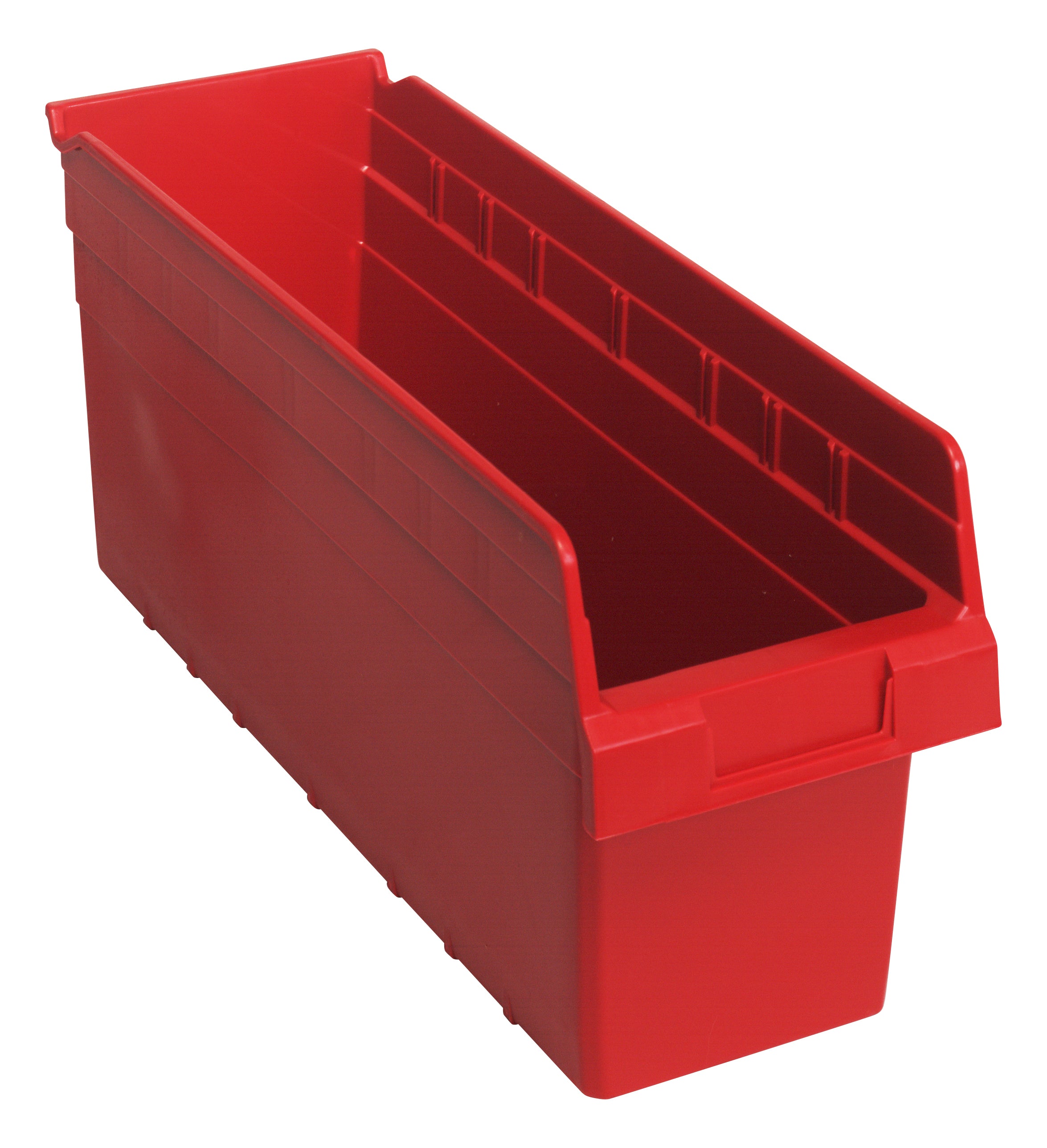 Economy Shelf Bin, nesting, 6-5/8"W x 17-7/8"L x 4"H, (7) divider slots, rear hanglock, molded-in label holder, red polyropylene, Made in USA, case of 20