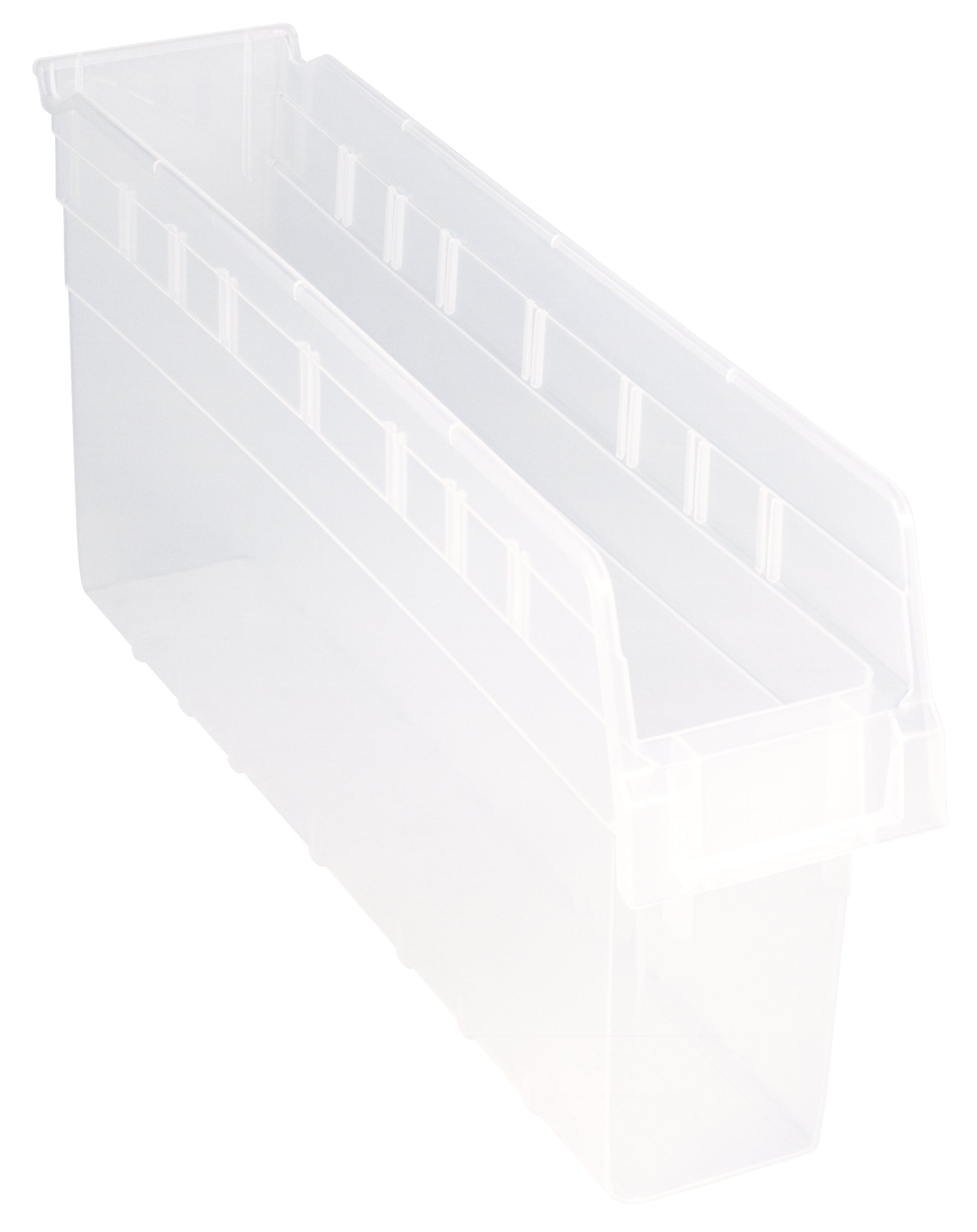 Economy Shelf Bin, nesting, 4-1/8"W x 23-5/8"L x 4"H, (7) divider slots, rear hanglock, molded-in label holder, clear polyropylene, Made in USA, case of 16