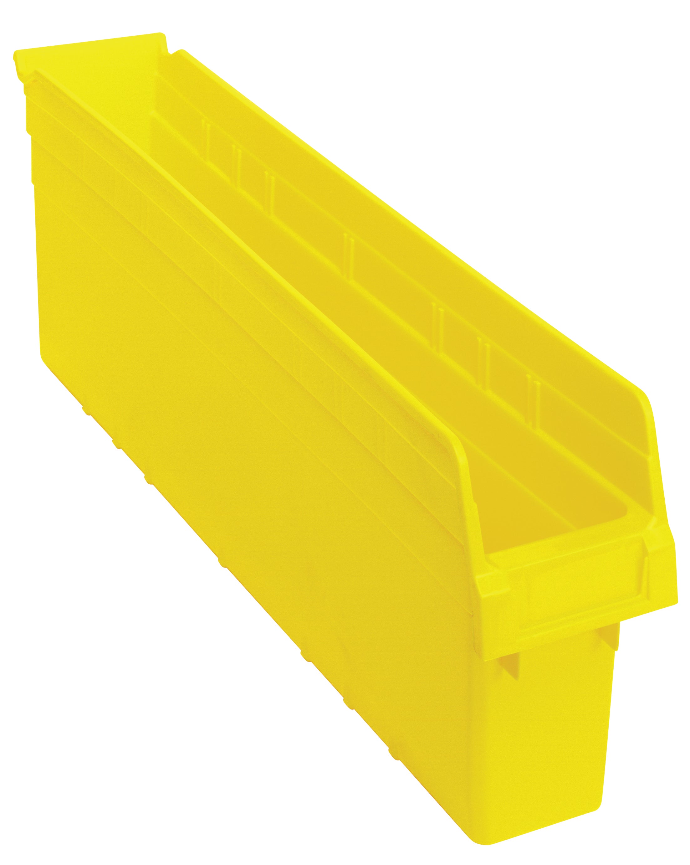 Economy Shelf Bin, nesting, 4-1/8"W x 23-5/8"L x 4"H, (7) divider slots, rear hanglock, molded-in label holder, yellow polyropylene, Made in USA, case of 16