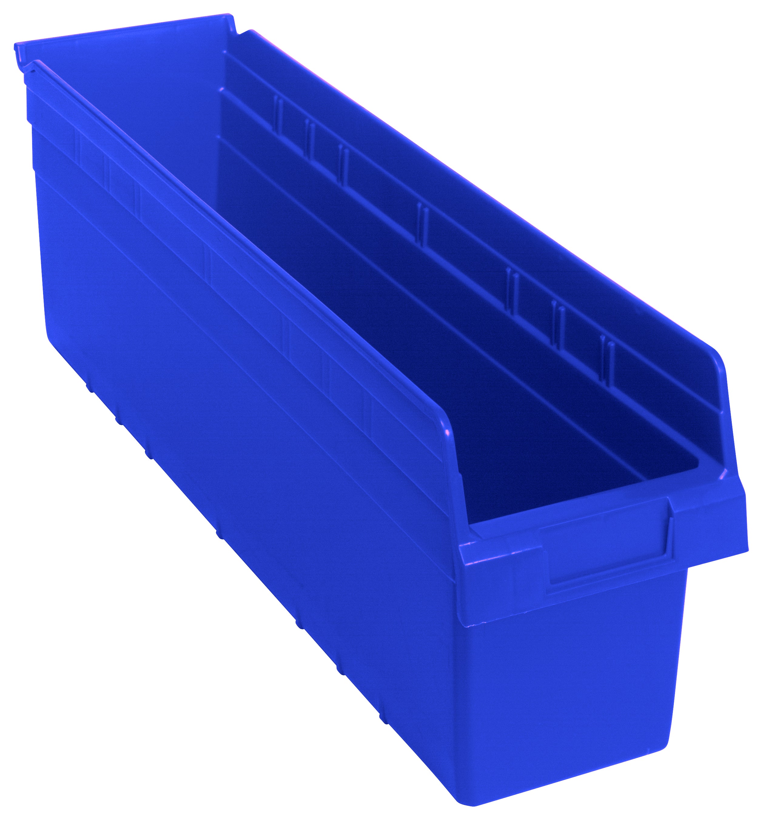 Economy Shelf Bin, nesting, 6-5/8"W x 23-5/8"L x 4"H, (7) divider slots, rear hanglock, molded-in label holder, blue polyropylene, Made in USA, case of 8