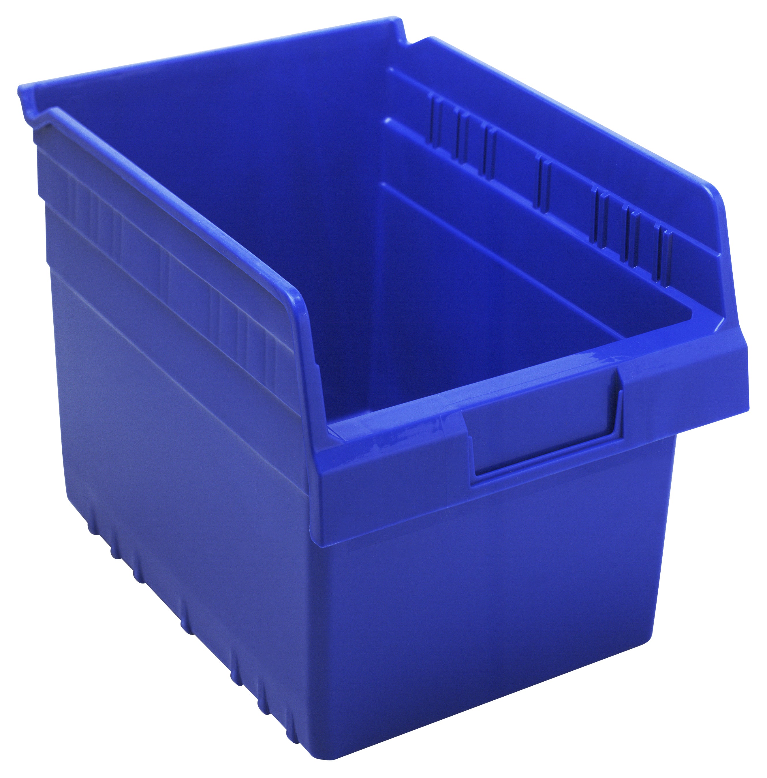 Economy Shelf Bin, nesting, 8-3/8"W x 11-5/8"L x 4"H, (7) divider slots, rear hanglock, molded-in label holder, blue polyropylene, Made in USA, case of 20