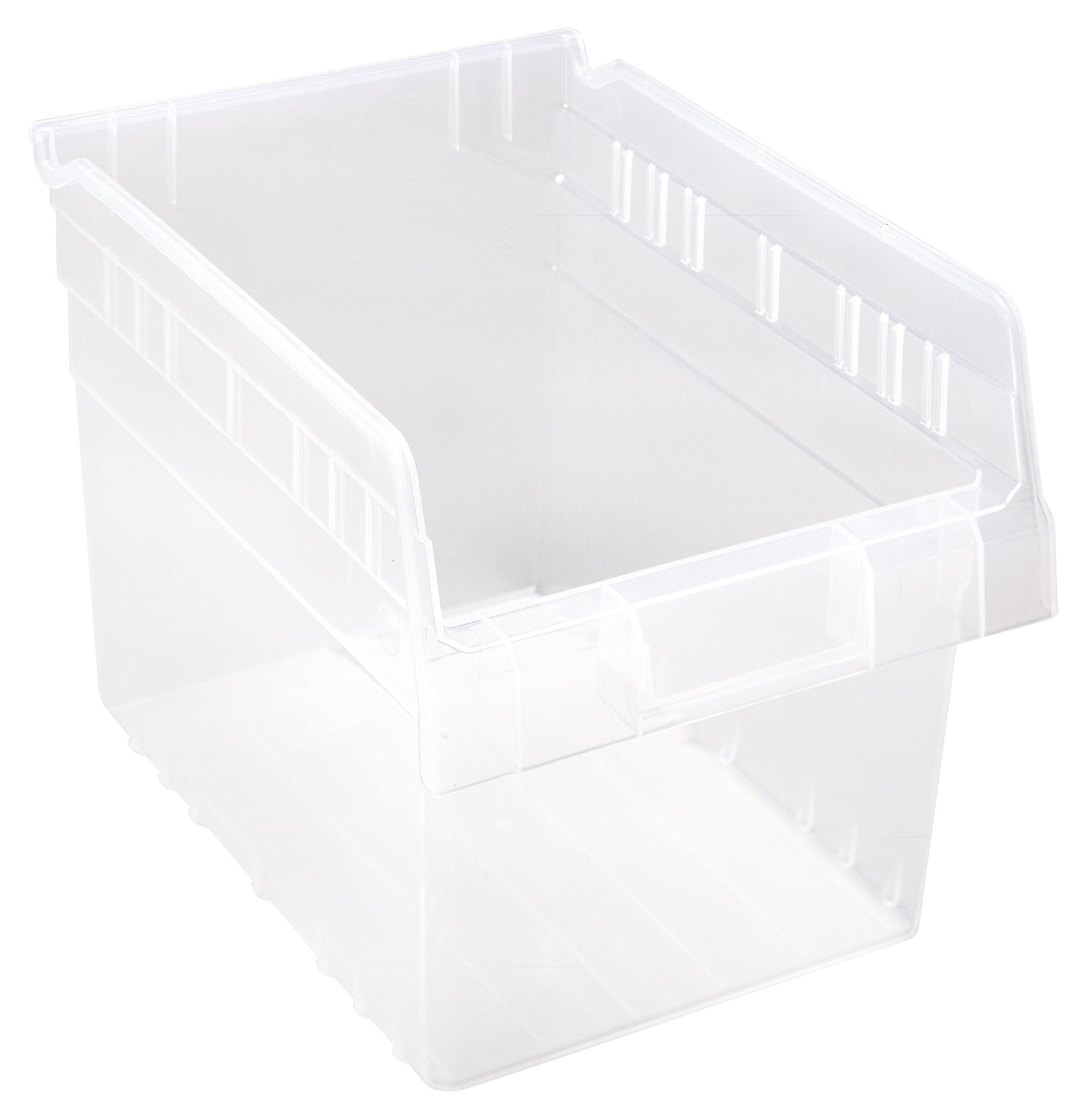 Economy Shelf Bin, nesting, 8-3/8"W x 11-5/8"L x 4"H, (7) divider slots, rear hanglock, molded-in label holder, clear polyropylene, Made in USA, case of 20