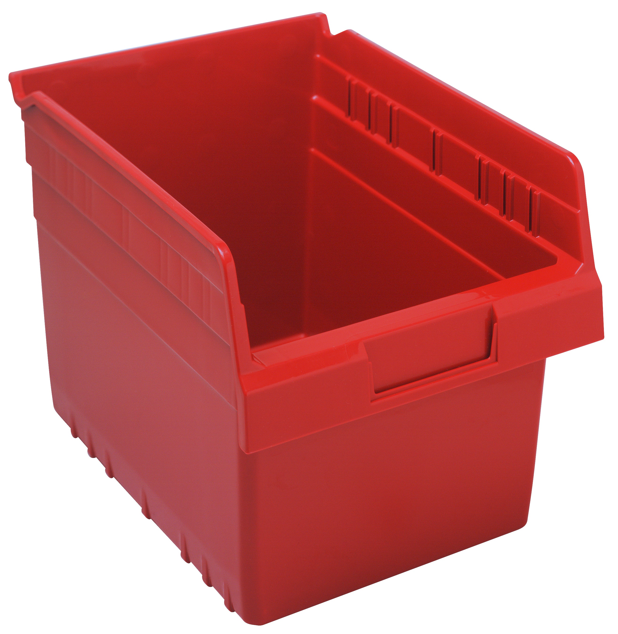 Economy Shelf Bin, nesting, 8-3/8"W x 11-5/8"L x 4"H, (7) divider slots, rear hanglock, molded-in label holder, red polyropylene, Made in USA, case of 20