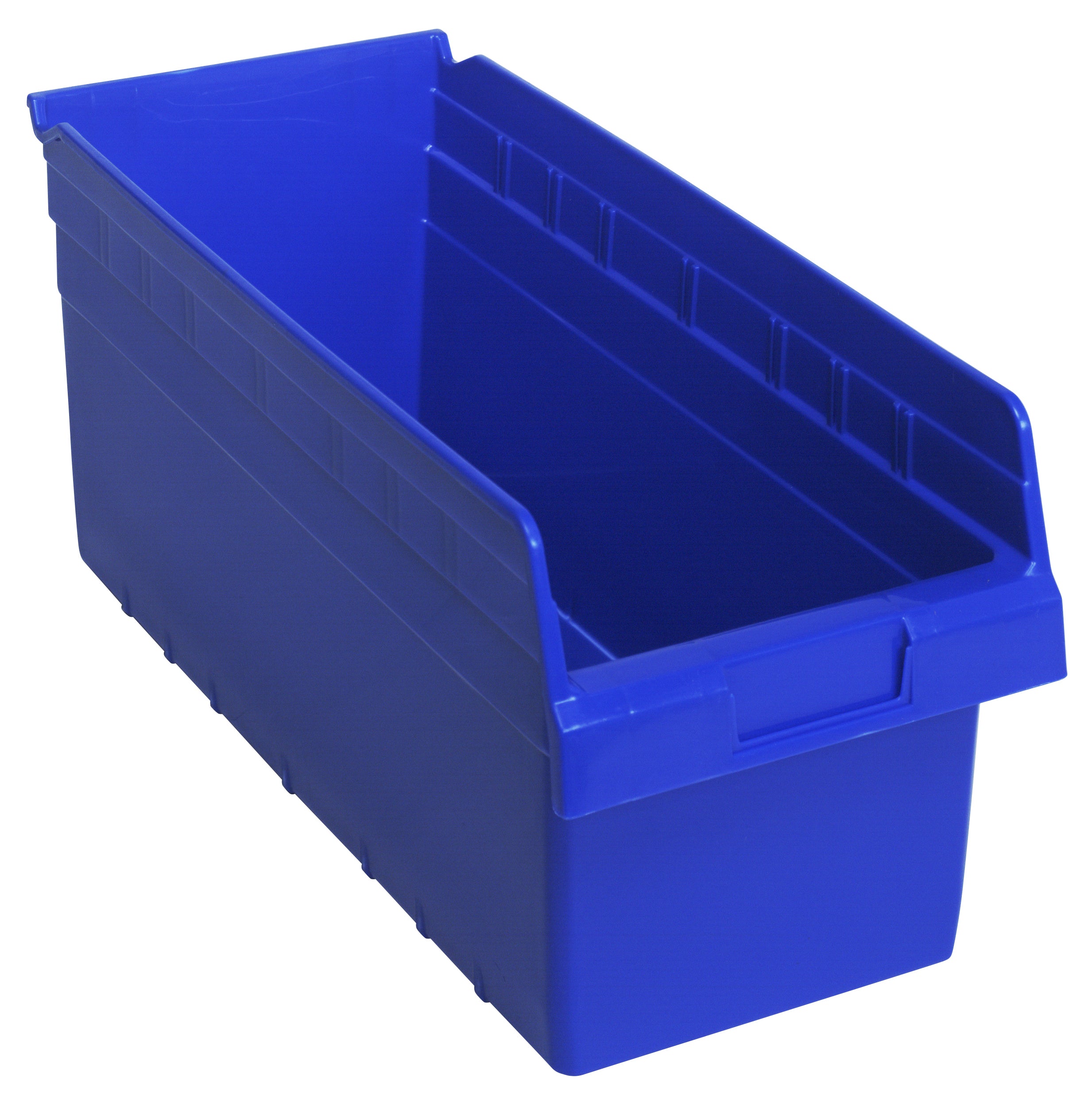Economy Shelf Bin, nesting, 8-3/8"W x 17-7/8"L x 4"H, (7) divider slots, rear hanglock, molded-in label holder, blue polyropylene, Made in USA, case of 10