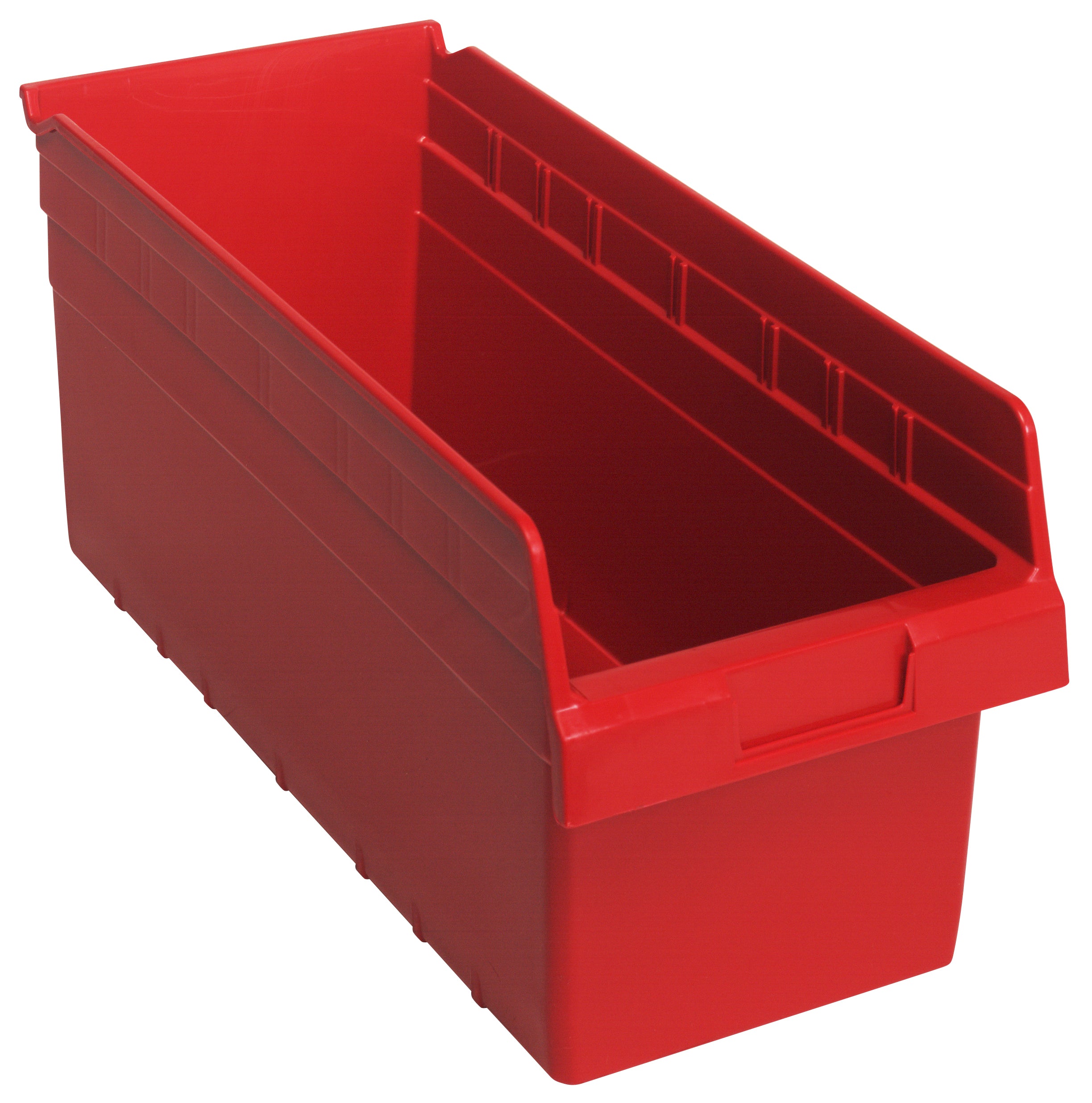 Economy Shelf Bin, nesting, 8-3/8"W x 17-7/8"L x 4"H, (7) divider slots, rear hanglock, molded-in label holder, red polyropylene, Made in USA, case of 10