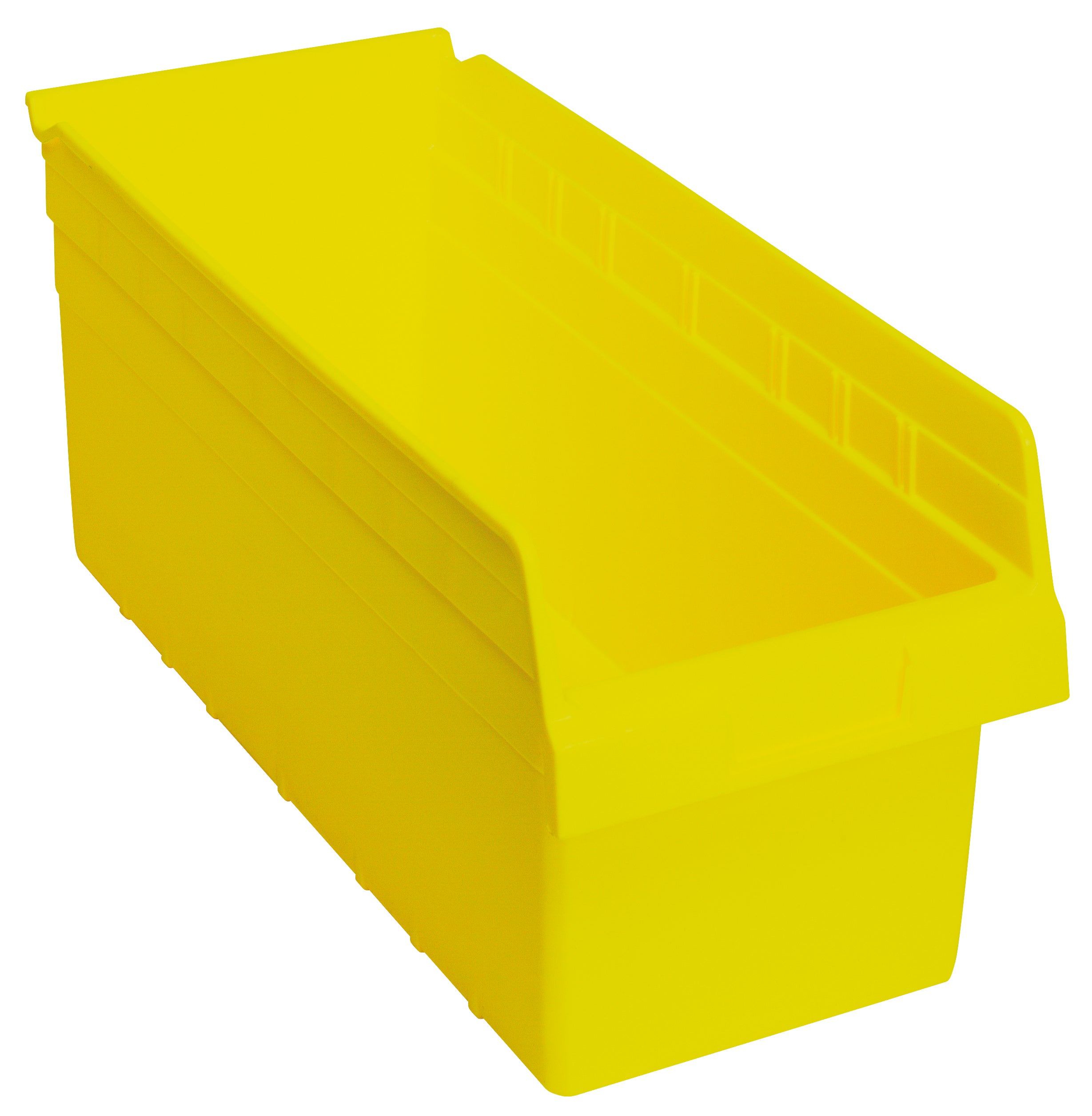 Economy Shelf Bin, nesting, 8-3/8"W x 17-7/8"L x 4"H, (7) divider slots, rear hanglock, molded-in label holder, yellow polyropylene, Made in USA, case of 10