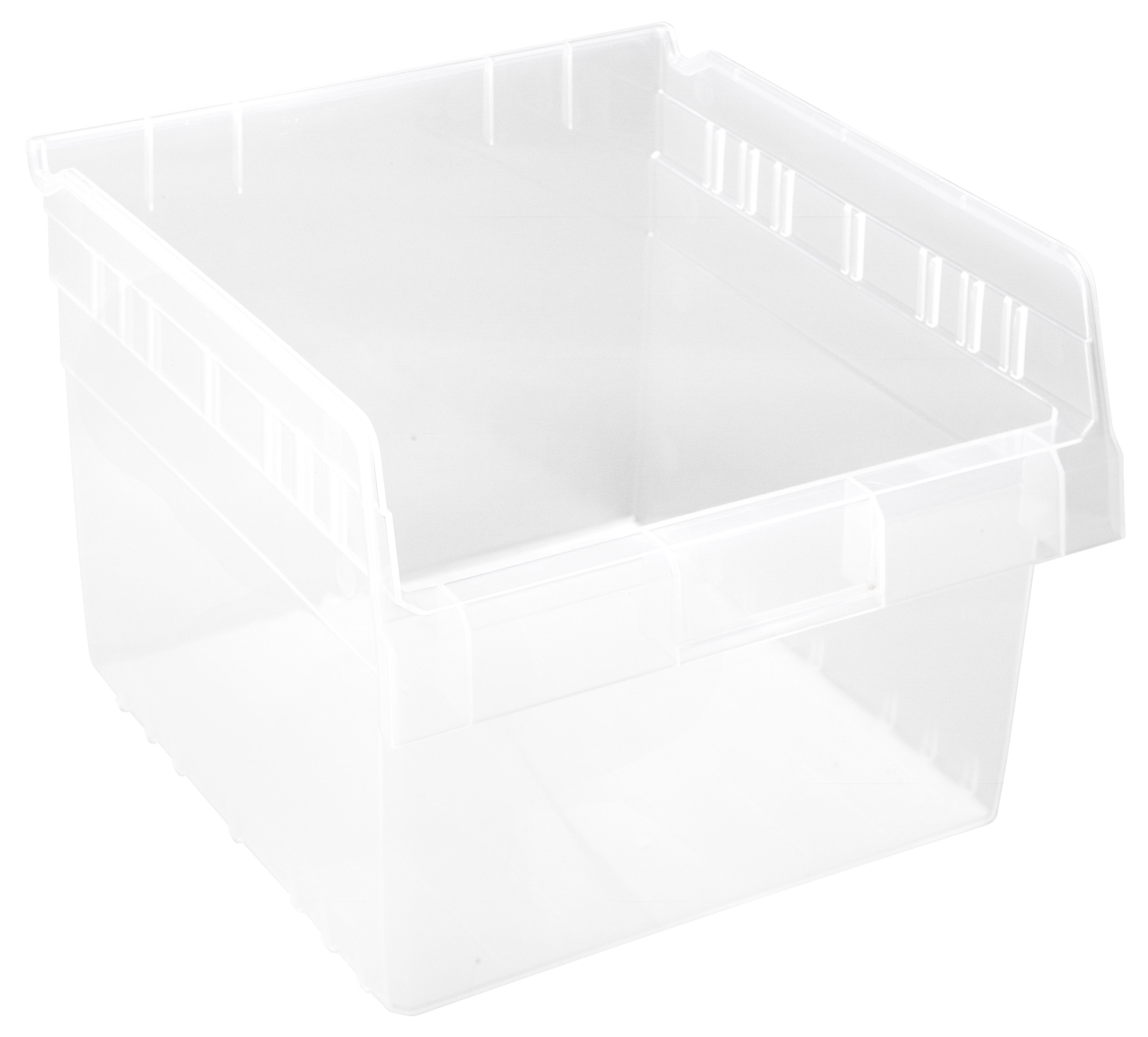 Economy Shelf Bin, nesting, 11-1/8"W x 11-5/8"L x 4"H, (7) divider slots, rear hanglock, molded-in label holder, clear polyropylene, Made in USA, case of 8