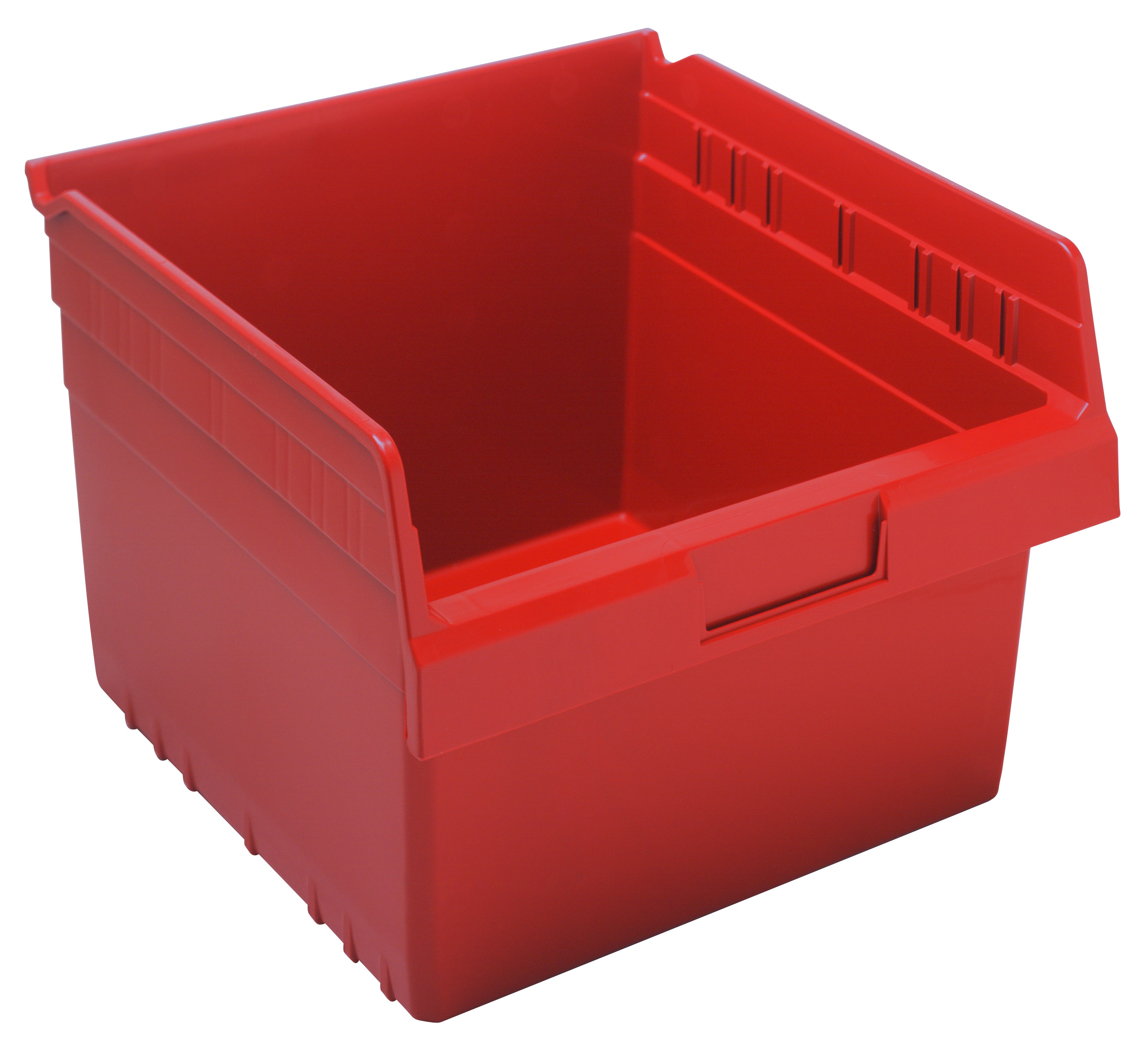 Economy Shelf Bin, nesting, 11-1/8"W x 11-5/8"L x 4"H, (7) divider slots, rear hanglock, molded-in label holder, red polyropylene, Made in USA, case of 8