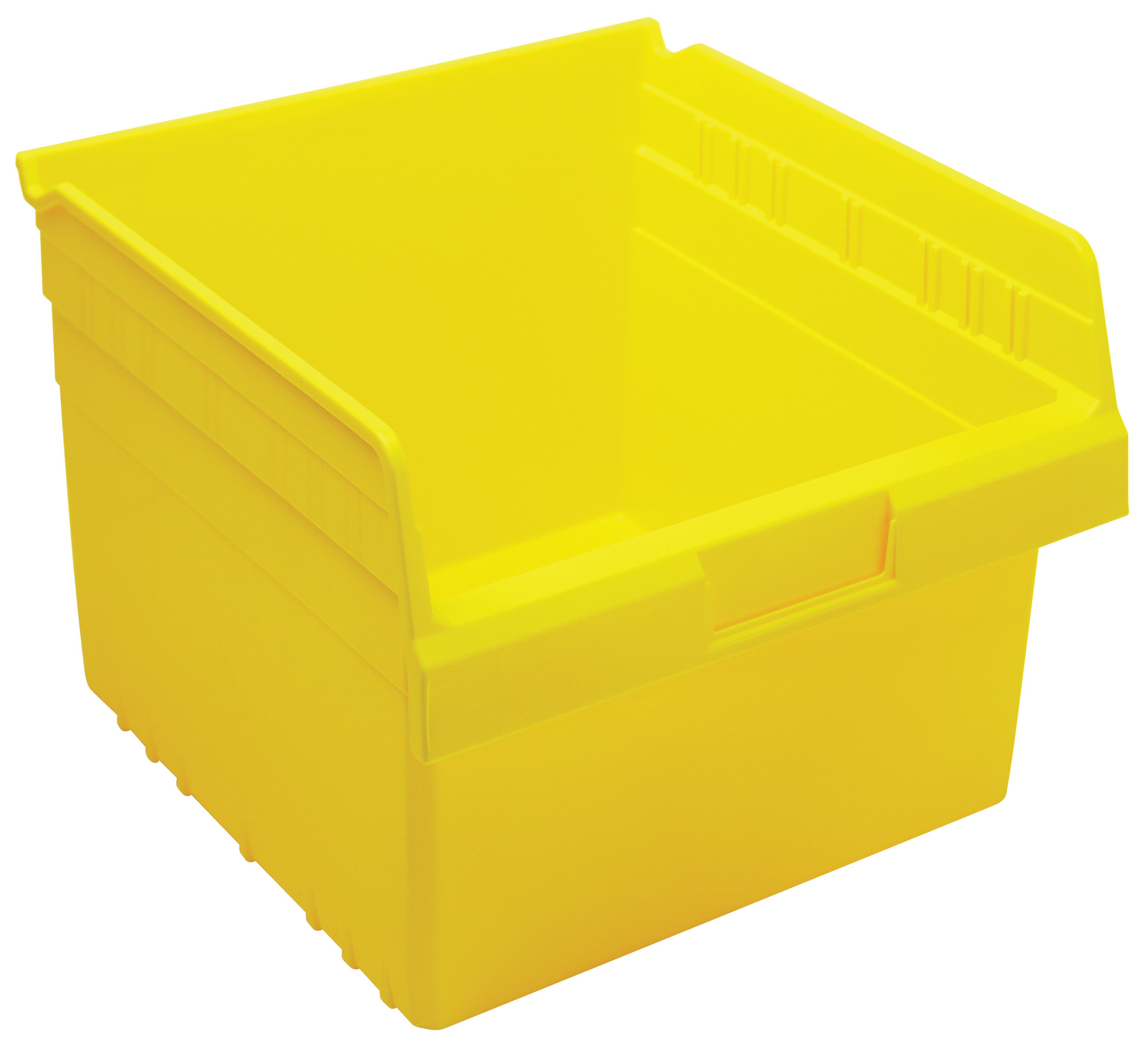 Economy Shelf Bin, nesting, 11-1/8"W x 11-5/8"L x 4"H, (7) divider slots, rear hanglock, molded-in label holder, yellow polyropylene, Made in USA, case of 8