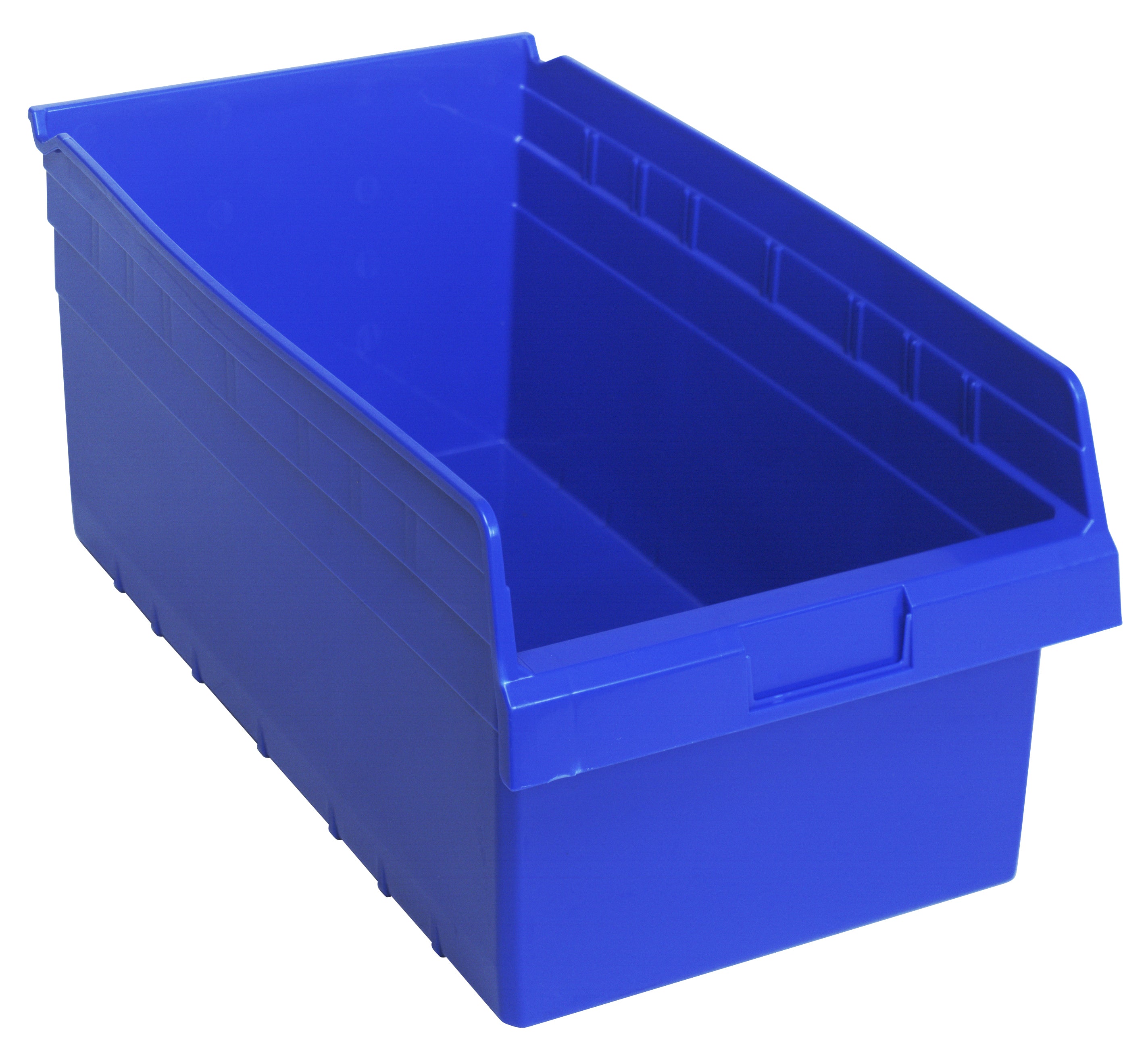 Economy Shelf Bin, nesting, 11-1/8"W x 17-7/8"L x 4"H, (7) divider slots, rear hanglock, molded-in label holder, blue polyropylene, Made in USA, case of 8
