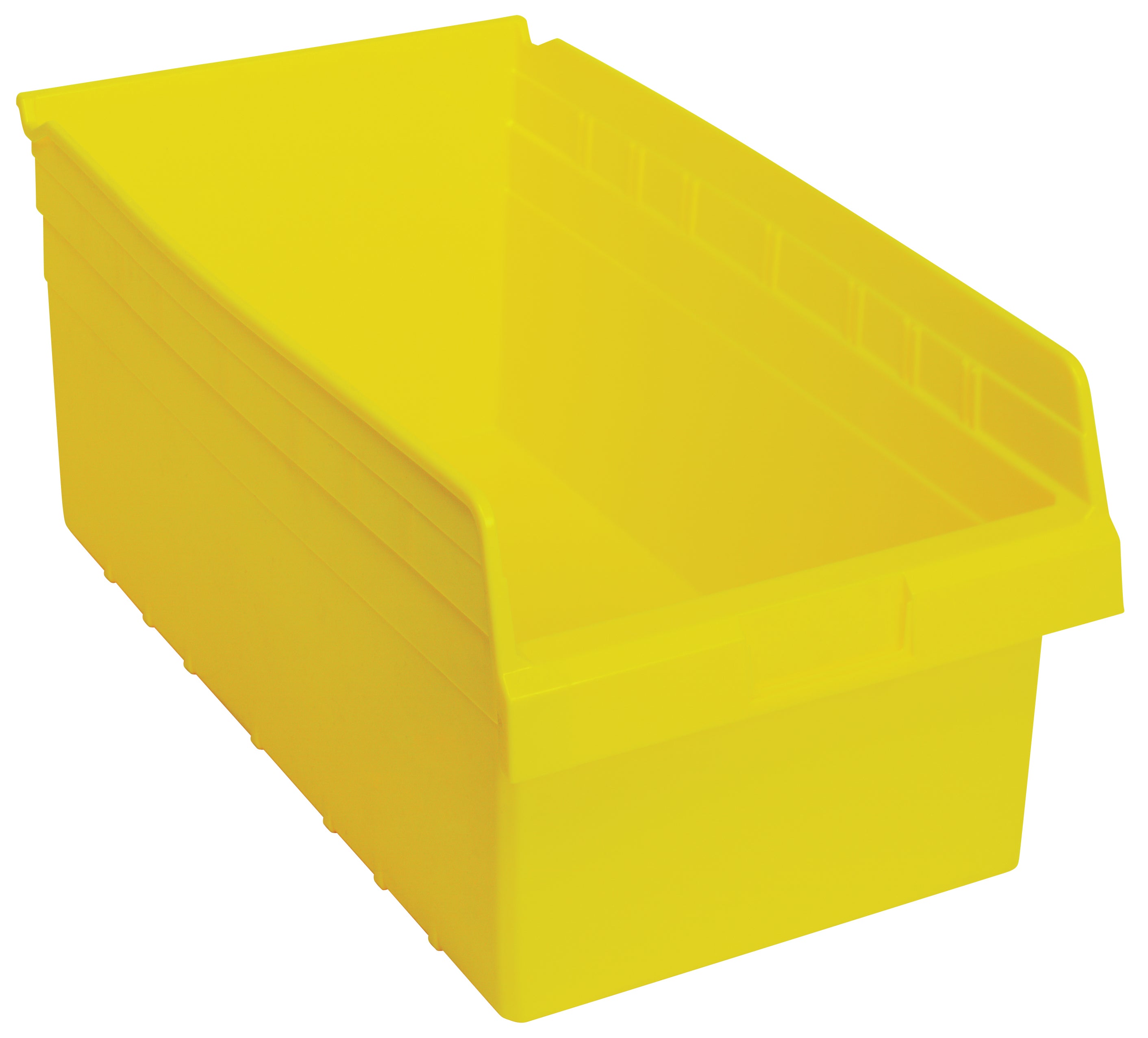 Economy Shelf Bin, nesting, 11-1/8"W x 17-7/8"L x 4"H, (7) divider slots, rear hanglock, molded-in label holder, yellow polyropylene, Made in USA, case of 8