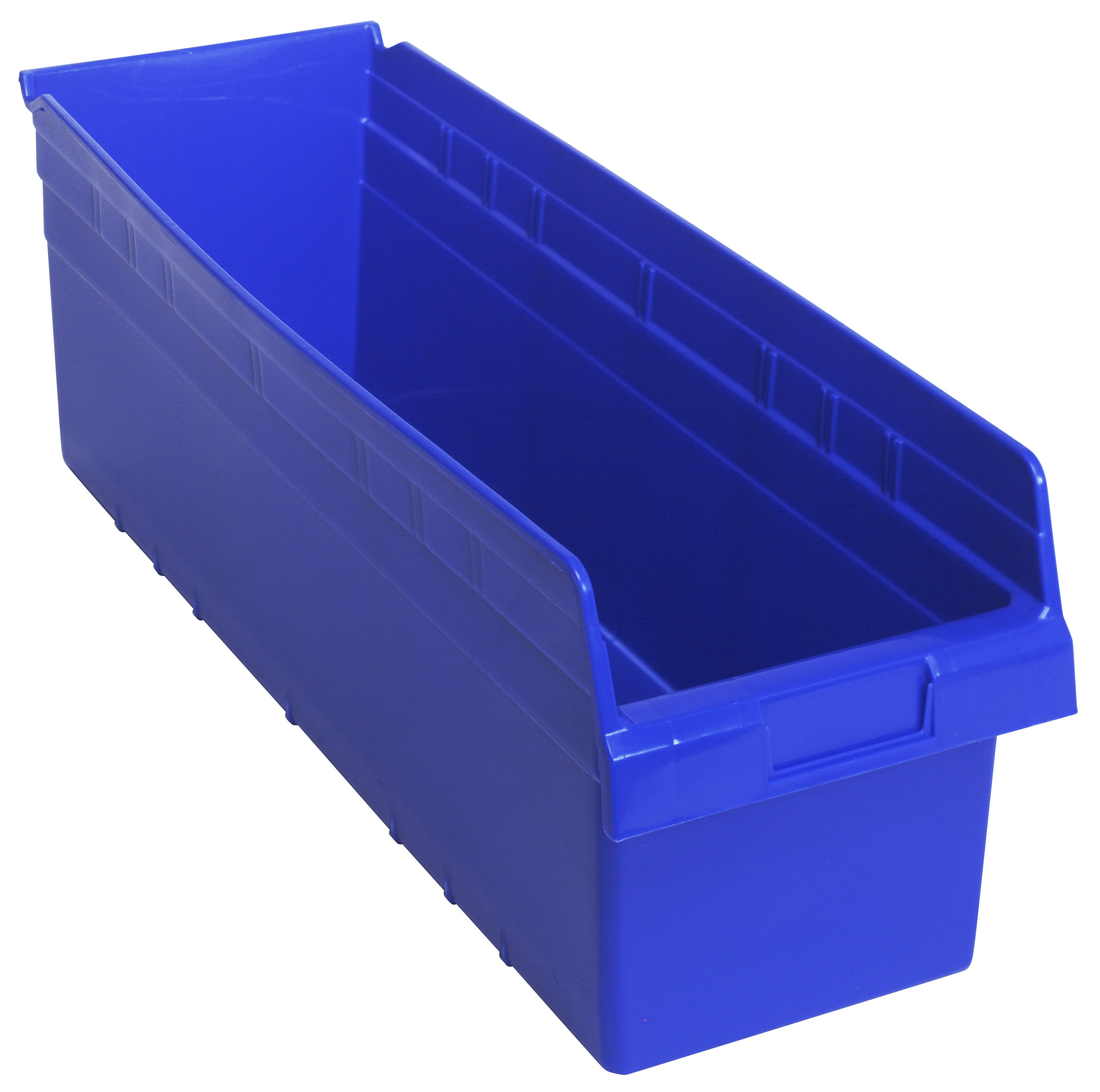 Economy Shelf Bin, nesting, 8-3/8"W x 23-5/8"L x 4"H, (7) divider slots, rear hanglock, molded-in label holder, blue polyropylene, Made in USA, case of 6