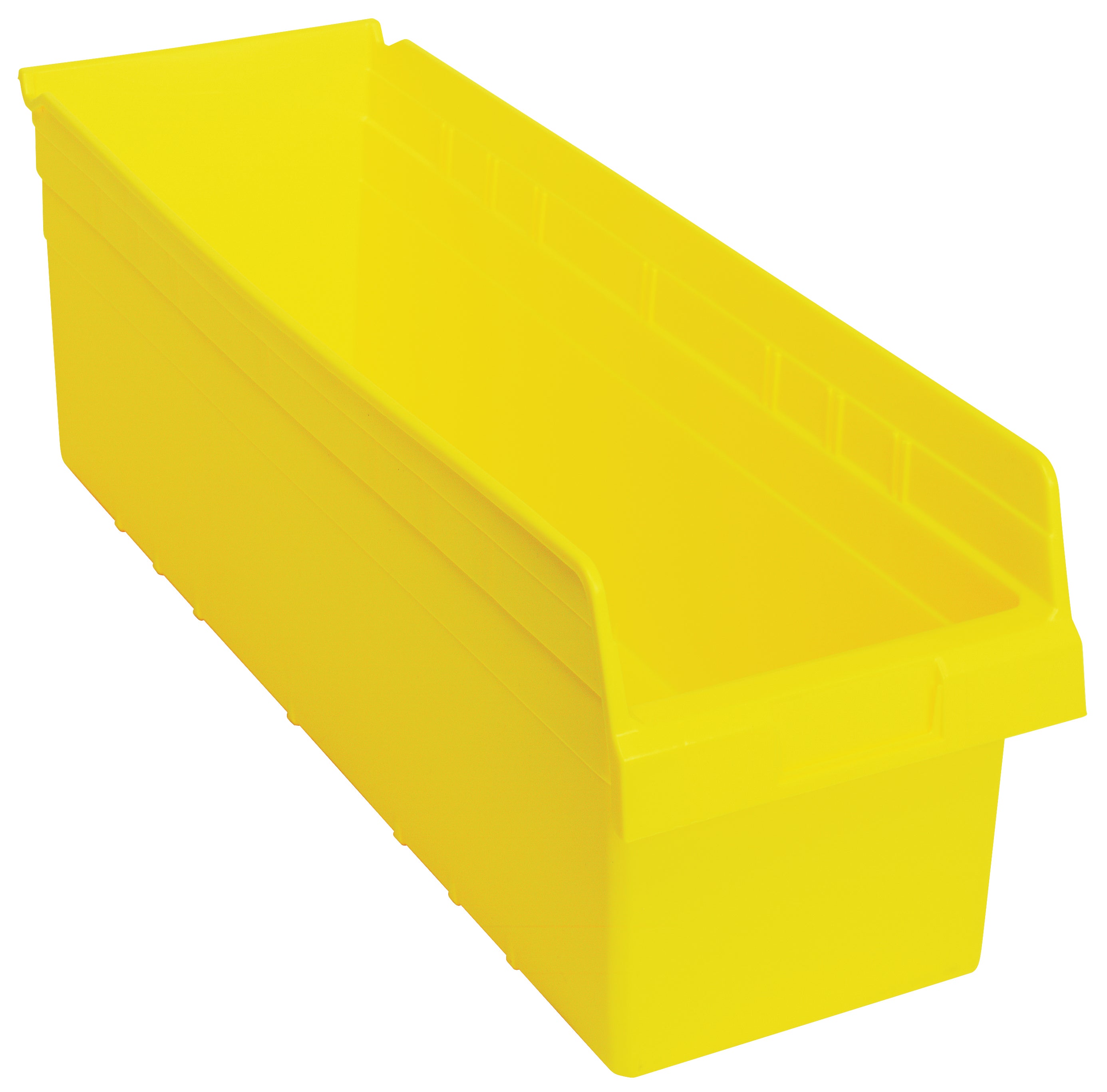 Economy Shelf Bin, nesting, 8-3/8"W x 23-5/8"L x 4"H, (7) divider slots, rear hanglock, molded-in label holder, yellow polyropylene, Made in USA, case of 6